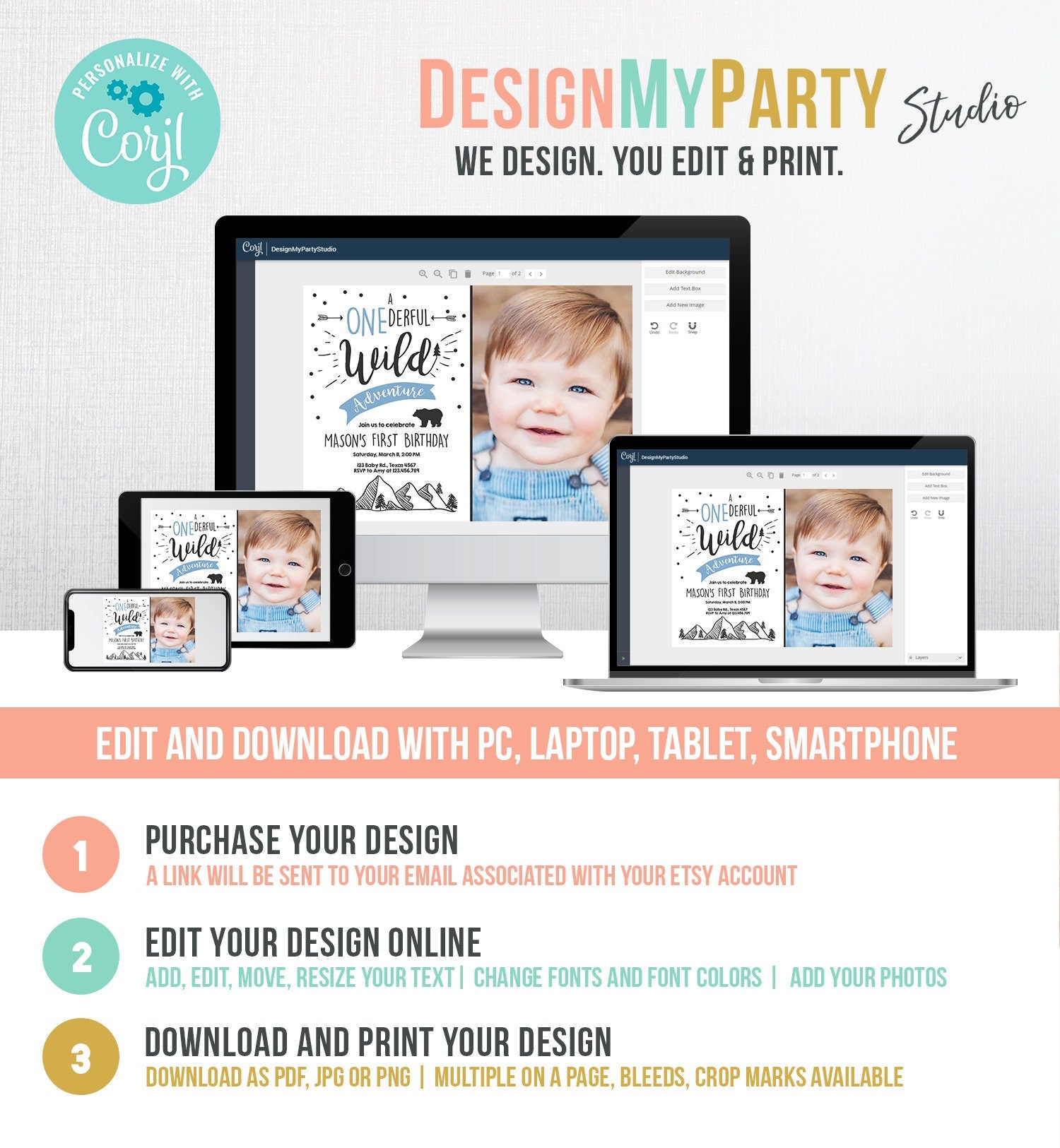 Editable A Onederful Wild Adventure First Birthday Invitation Wild Things Boy Bear Outdoor 1st Blue Photo Digital Template Printable 0083