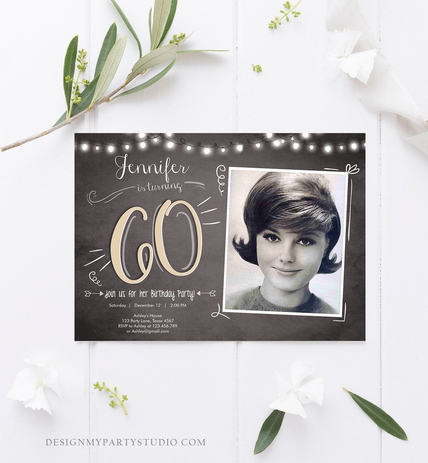 Editable 60th Birthday Invitation Chalkboard Rustic Adult Birthday Invitation Sixty Download Printable Invitation Template Corjl 0230