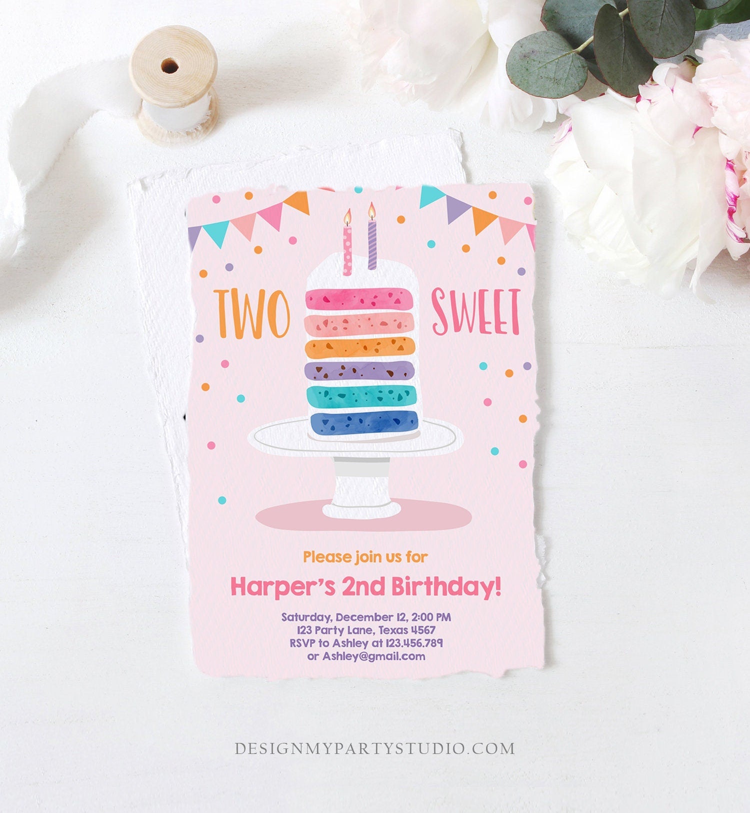 Editable Two Sweet Birthday Invitation Girl Rainbow Cake Invite Girls 2nd Birthday Pink Download Printable Invitation Template Corjl 0121
