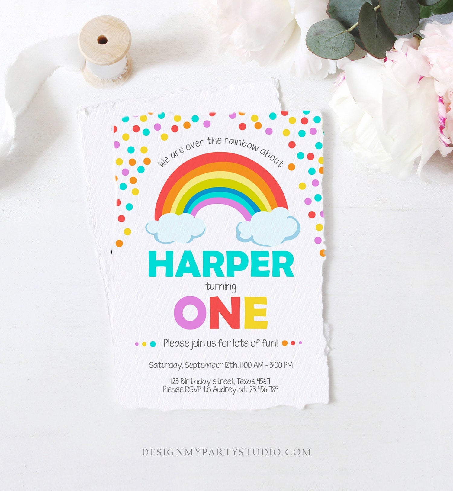 Editable Rainbow Birthday Invitation Kids Girl Boy Neutral Party Clouds Colorful Rainbow Colors Printable Corjl Template Digital 0106