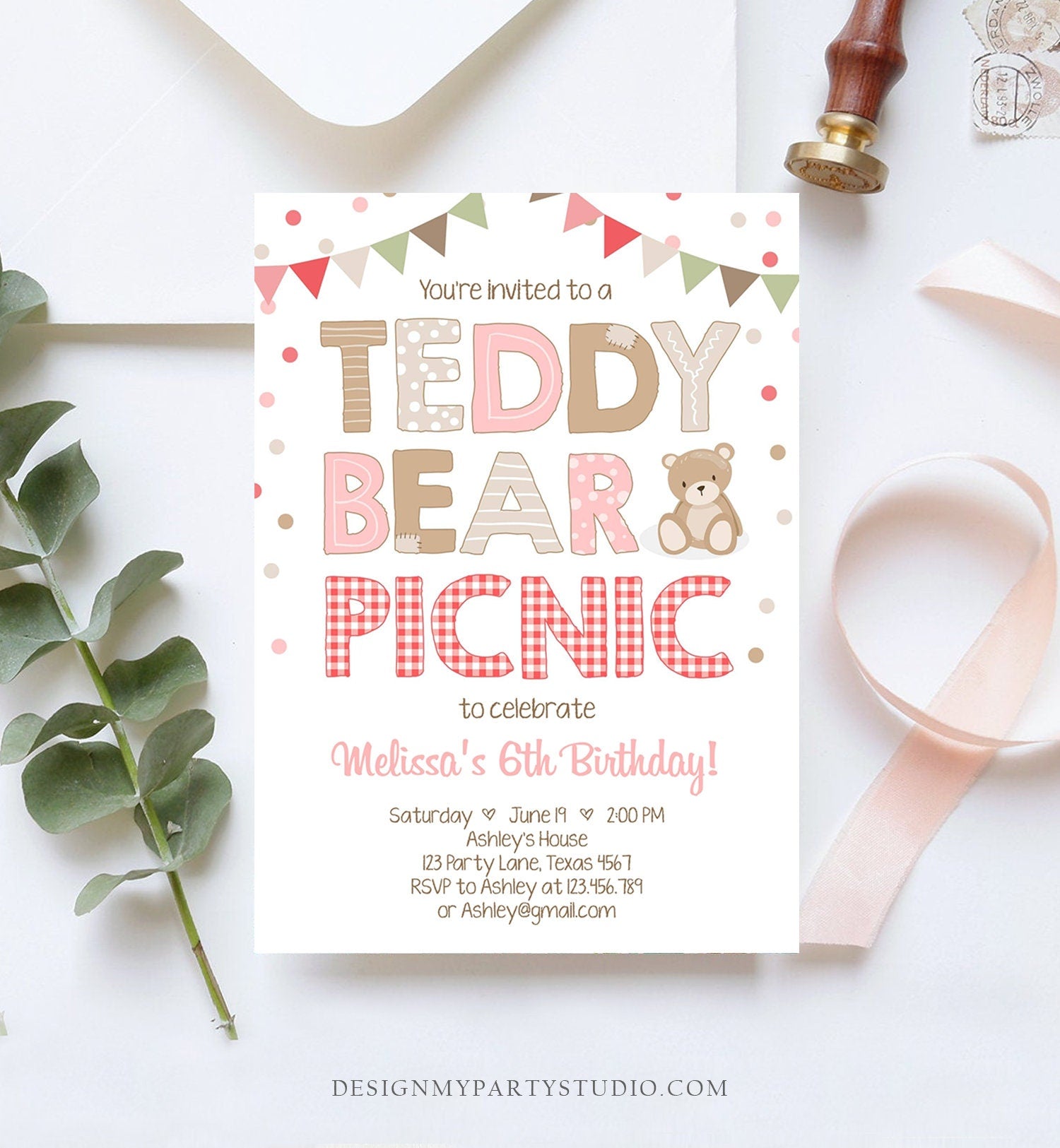 Editable Teddy Bear Picnic Birthday Invitation Girl Pink Red Gingham Bear Picnic Summer Outdoor Party Printable Digital Corjl Template 0100