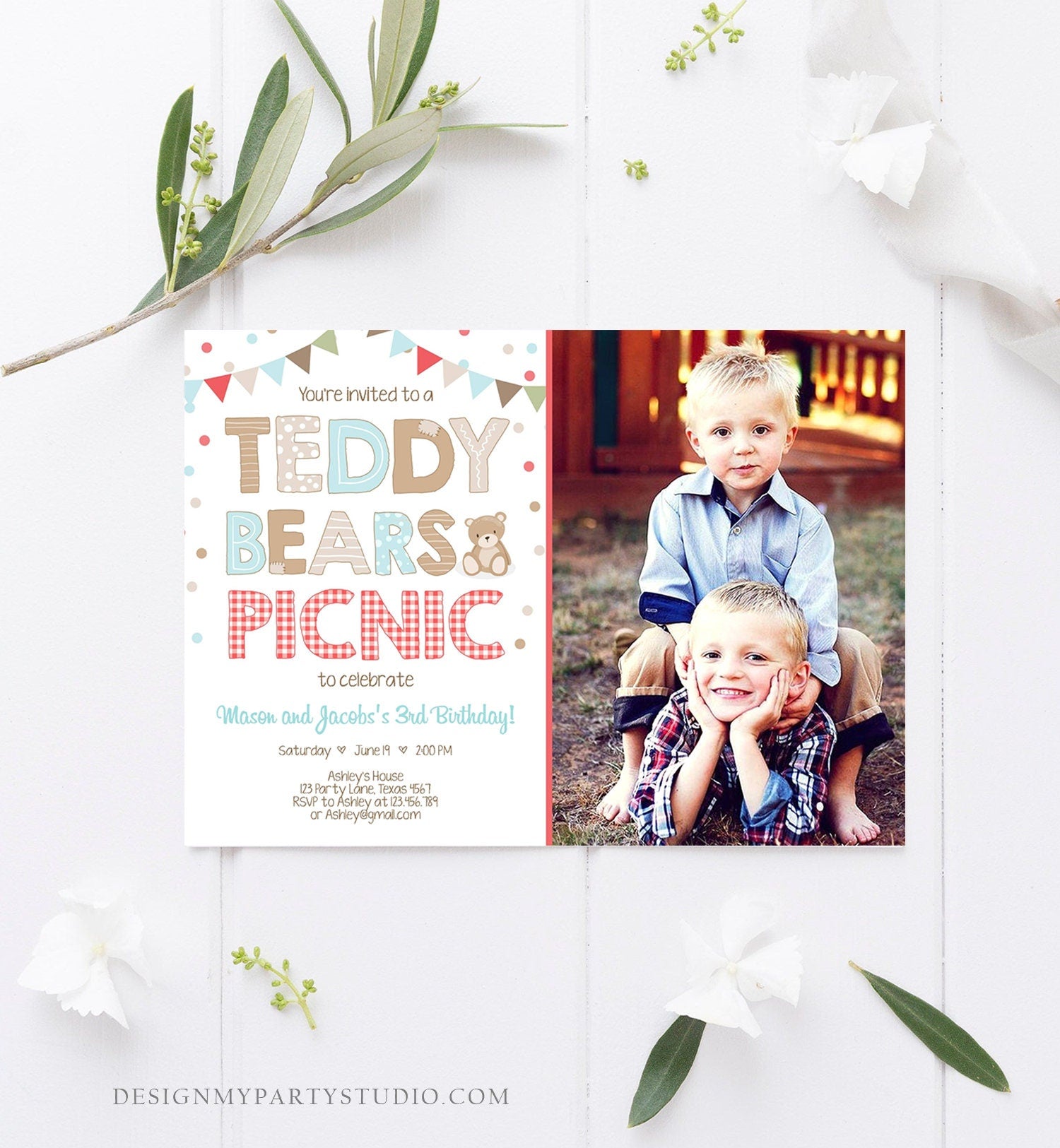 Editable Teddy Bear Picnic Birthday Invitation Boys Siblings Birthday Brothers Twins Joint Party Printable Invitation Template Corjl 0100