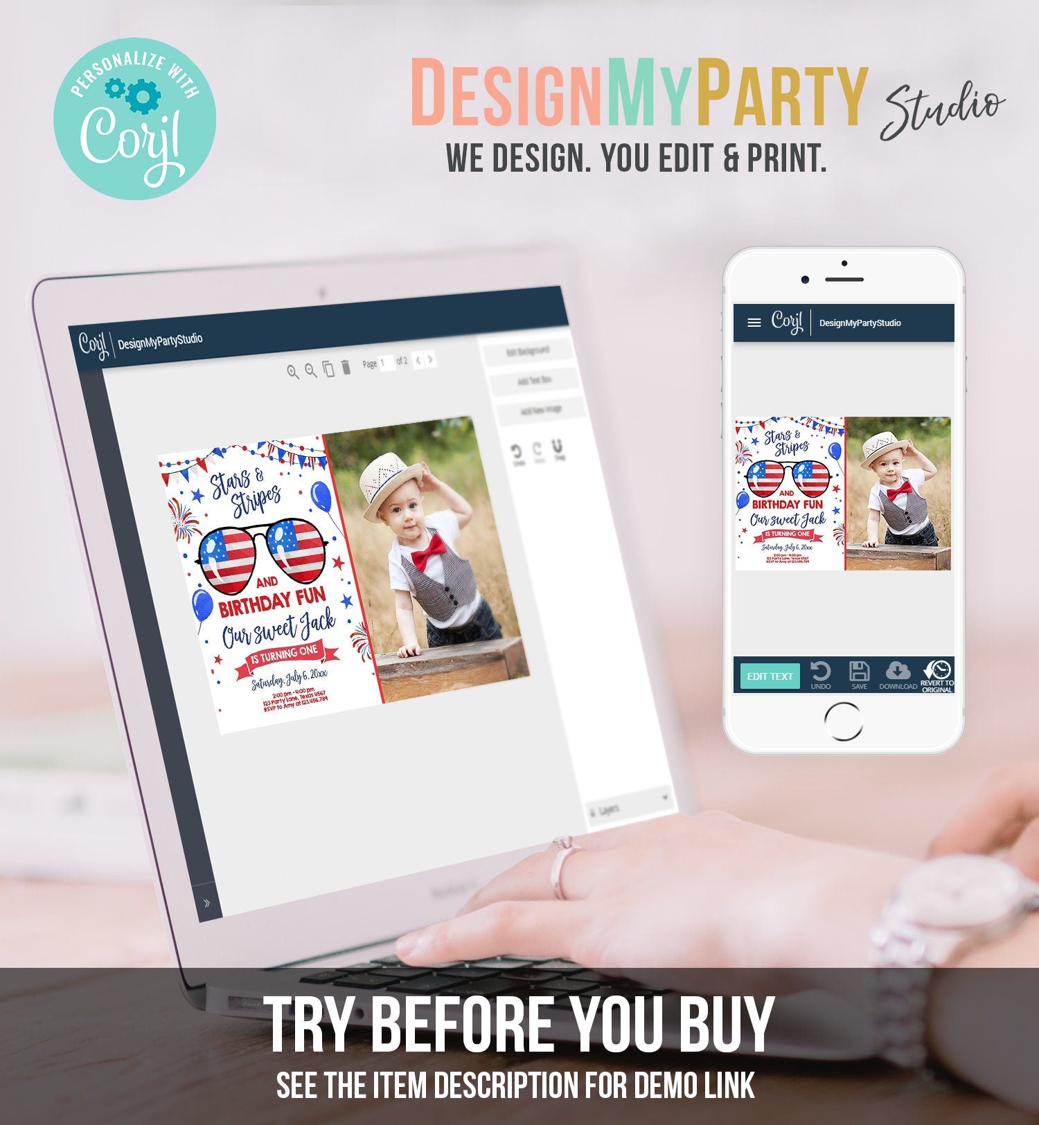 Editable Memorial Day Birthday Invitation 4th of July Little Firecracker Stars and Stripes Red White Blue Template Corjl Digital 0122