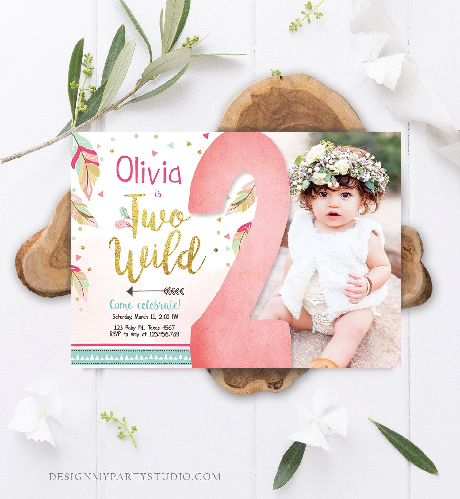 Editable Two Wild Birthday Invitation Girl 2nd Birthday Tribal Boho Feathers Pink Gold Mint Download Printable Template Digital Corjl 0038