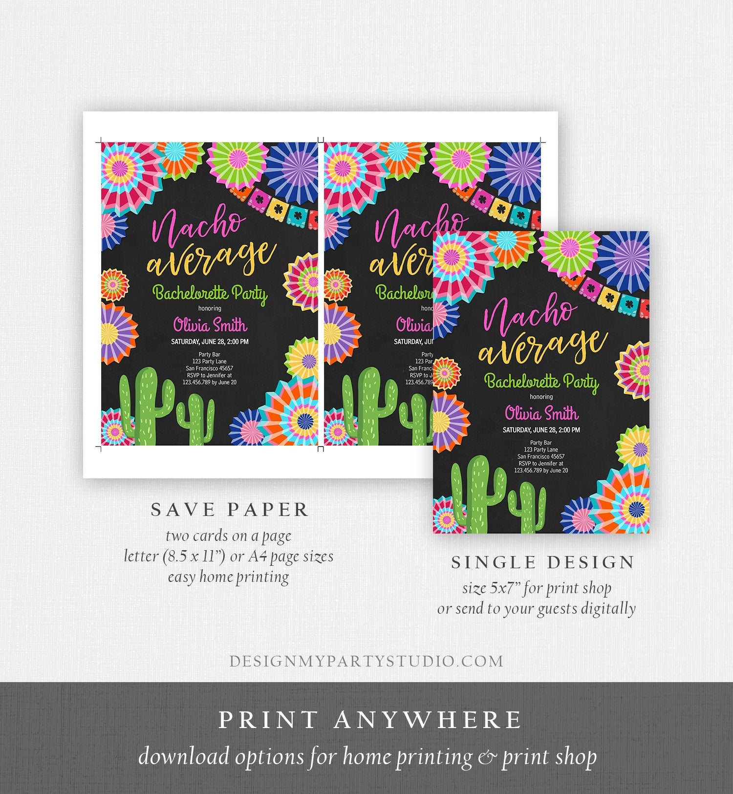 Editable Fiesta Nacho Average Bachelorette Party Invitation Cactus Mexican Bridal Shower Digital Download Corjl Template Printable 0236