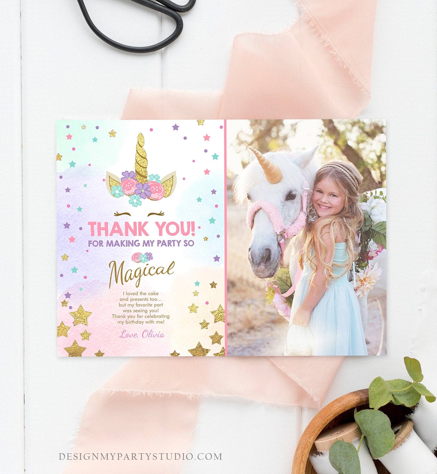 Editable Unicorn Thank You Card Girl Birthday Thank You Note Pink Gold Magical Party Baby Shower Download Corjl Template Printable 0041