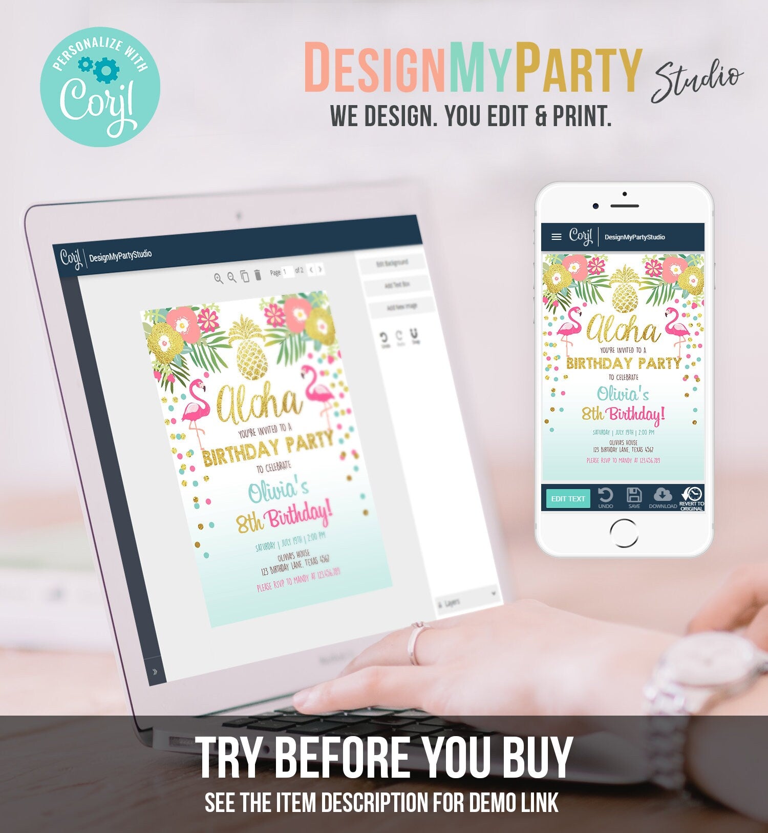 Editable Aloha Birthday Invitation Tropical Flamingo Luau Party Leaves Confetti Blue Gold Pineapple Hawaiian Corjl Template Printable 0200