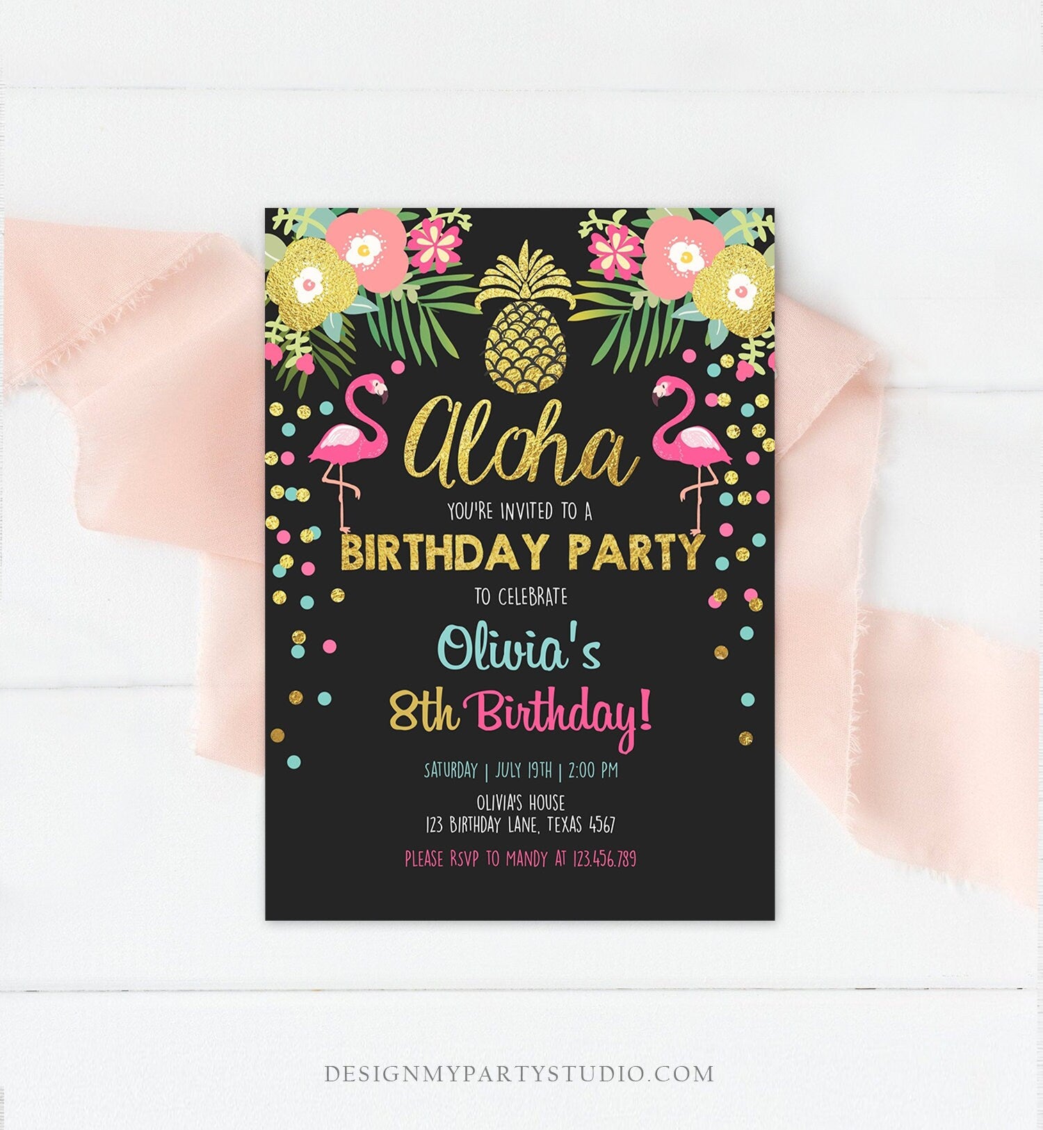 Editable Aloha Birthday Invitation Tropical Flamingo Luau Party Leaves Confetti Chalk Gold Pineapple Hawaiian Corjl Template Printable 0200