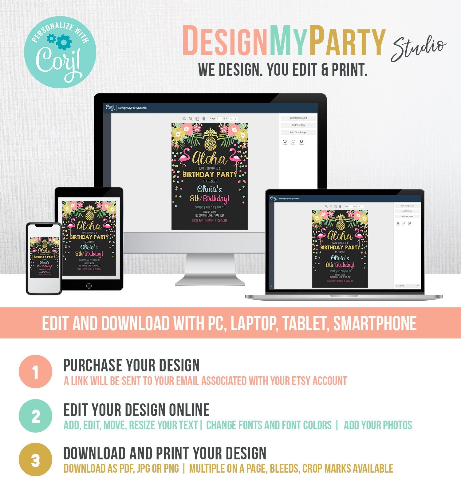 Editable Aloha Birthday Invitation Tropical Flamingo Luau Party Leaves Confetti Chalk Gold Pineapple Hawaiian Corjl Template Printable 0200