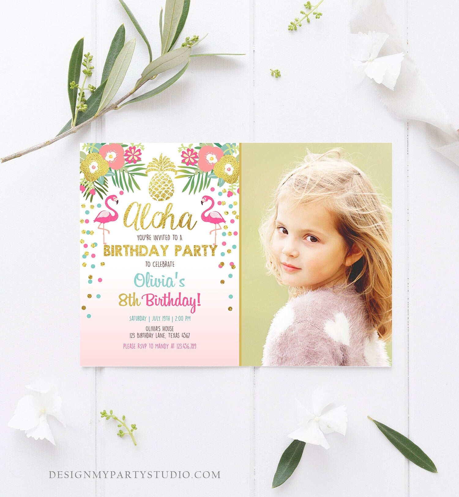 Editable Aloha Birthday Invitation Tropical Flamingo Luau Party Leaves Confetti Pink Gold Pineapple Hawaiian Corjl Template Printable 0200