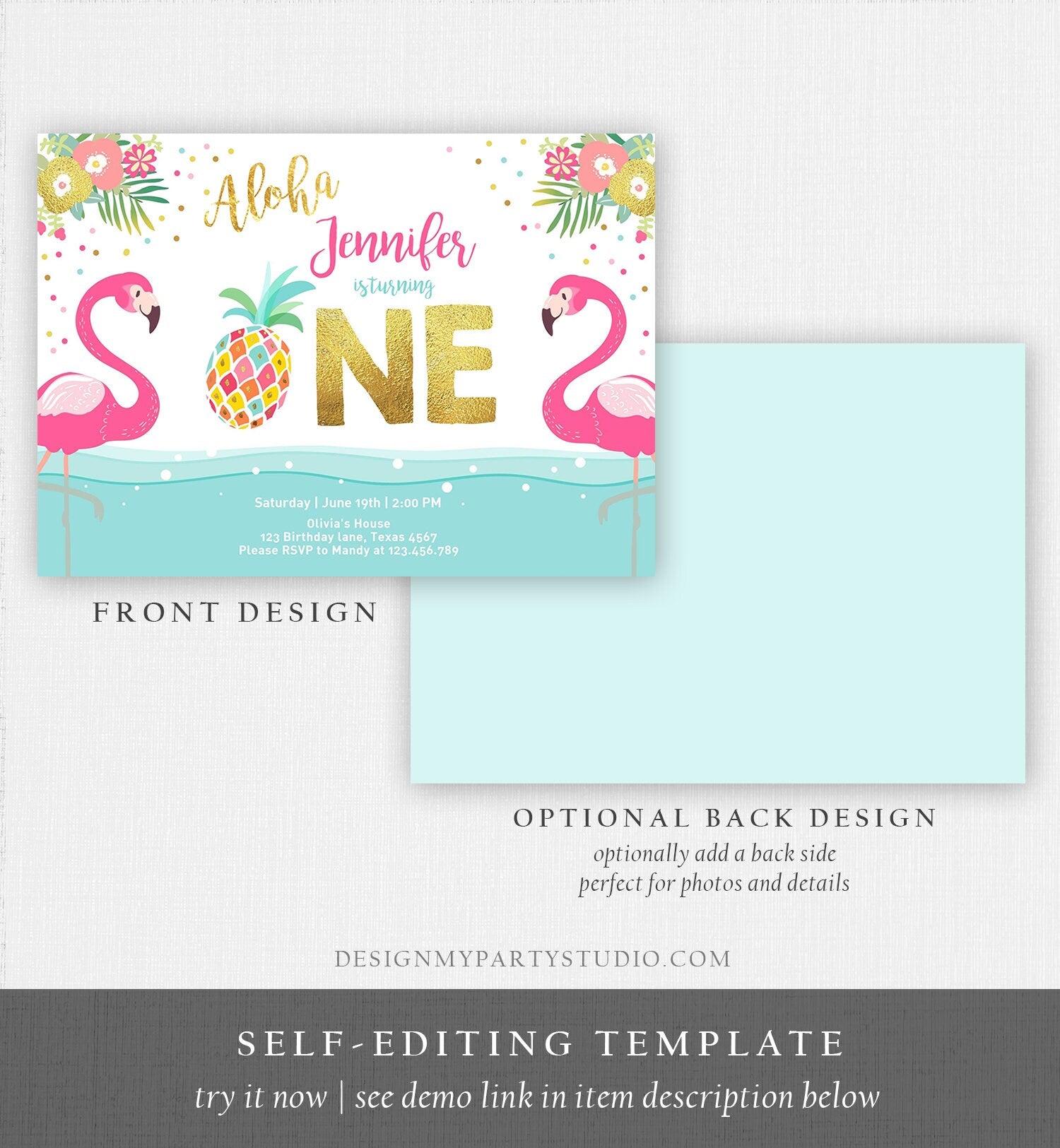 Editable Aloha Tropical First Birthday Invitation Flamingo Luau Party Leaves Pink Gold Pineapple Hawaiian Corjl Template Printable 0200