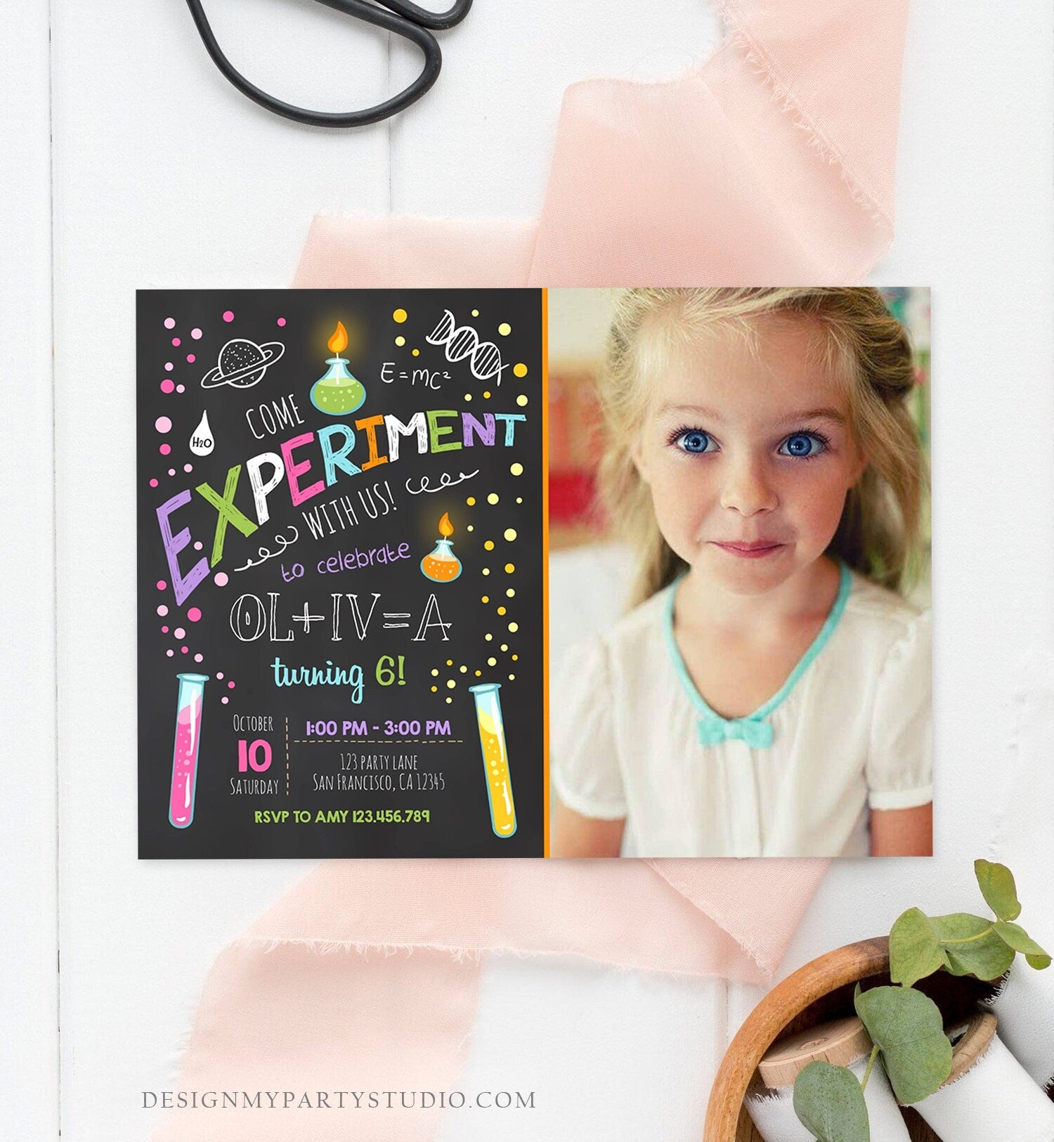 Editable Science Experiment Birthday Invitation Girl Experiment Party Mad Scientist Lab Slime Professor Digital Template Printable 0094