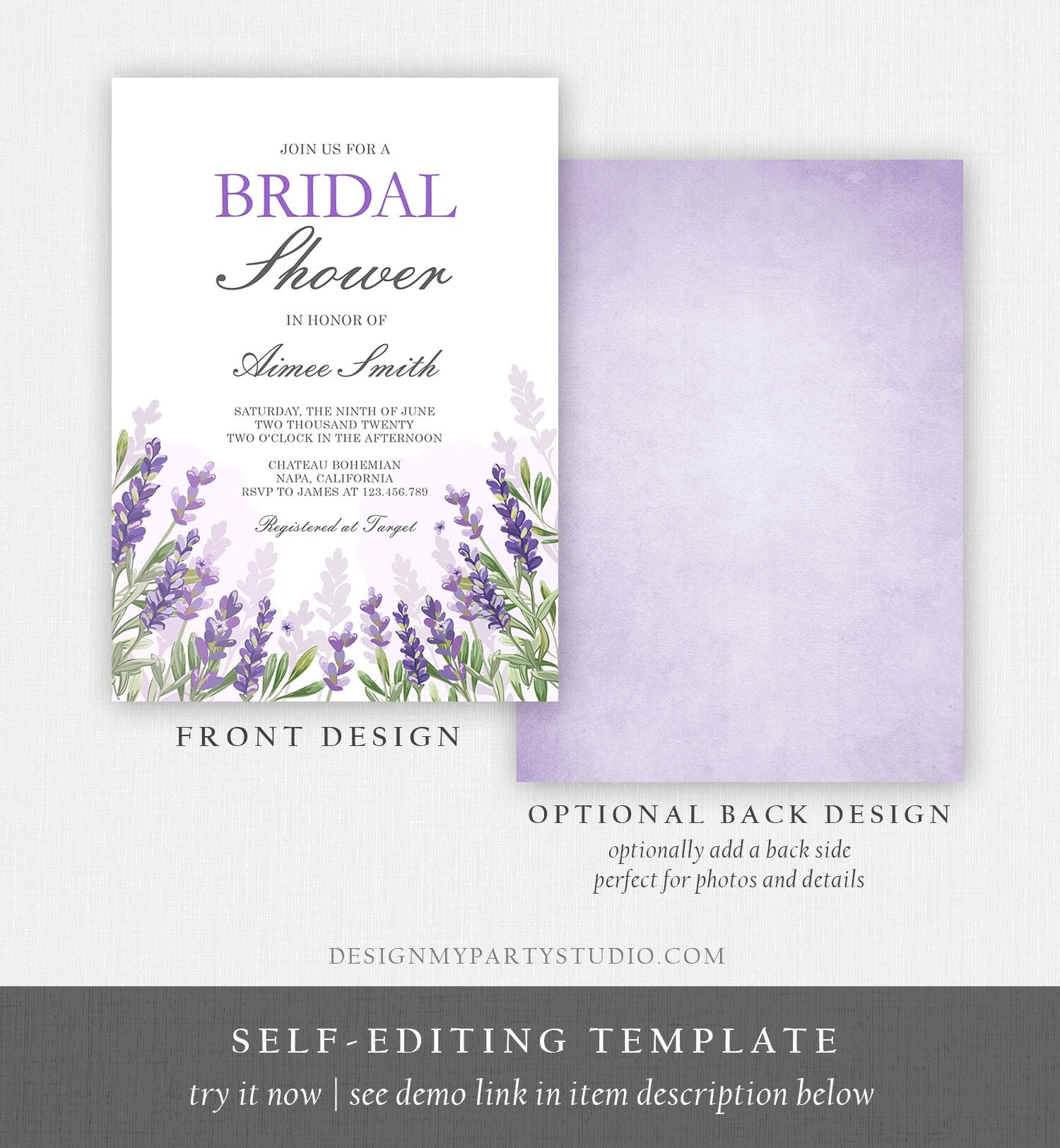 Editable Lavender Bridal Shower Invitation Greenery Foliage Boho Wedding Lilac Blush Lavender Purple Digital Corjl Template Printable 0206