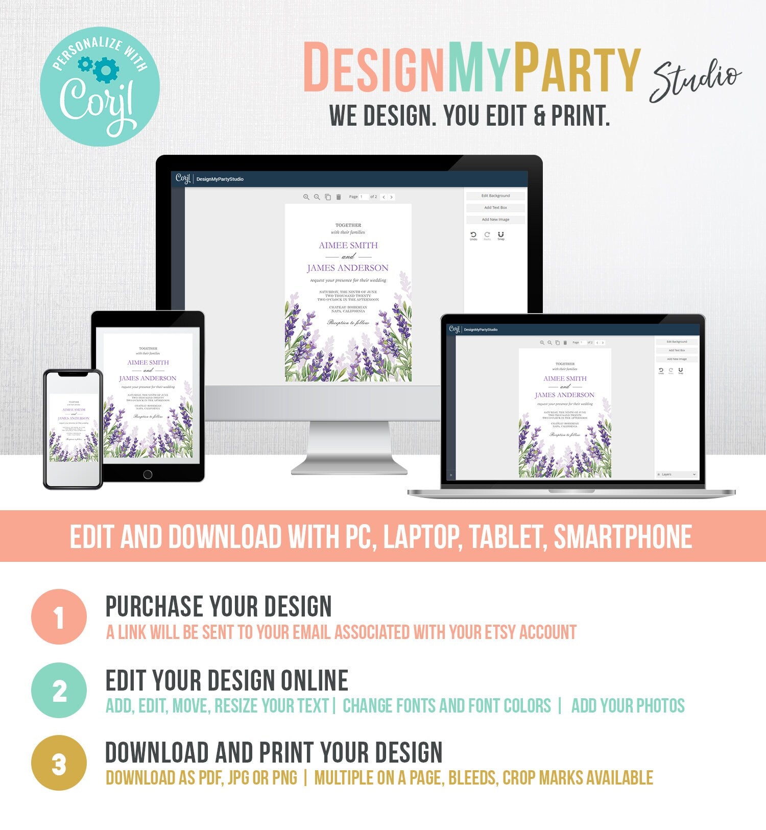 Editable Lavender Wedding Invitation Greenery Foliage Boho Bridal Shower Lilac Blush Lavender Purple Digital Corjl Template Printable 0206