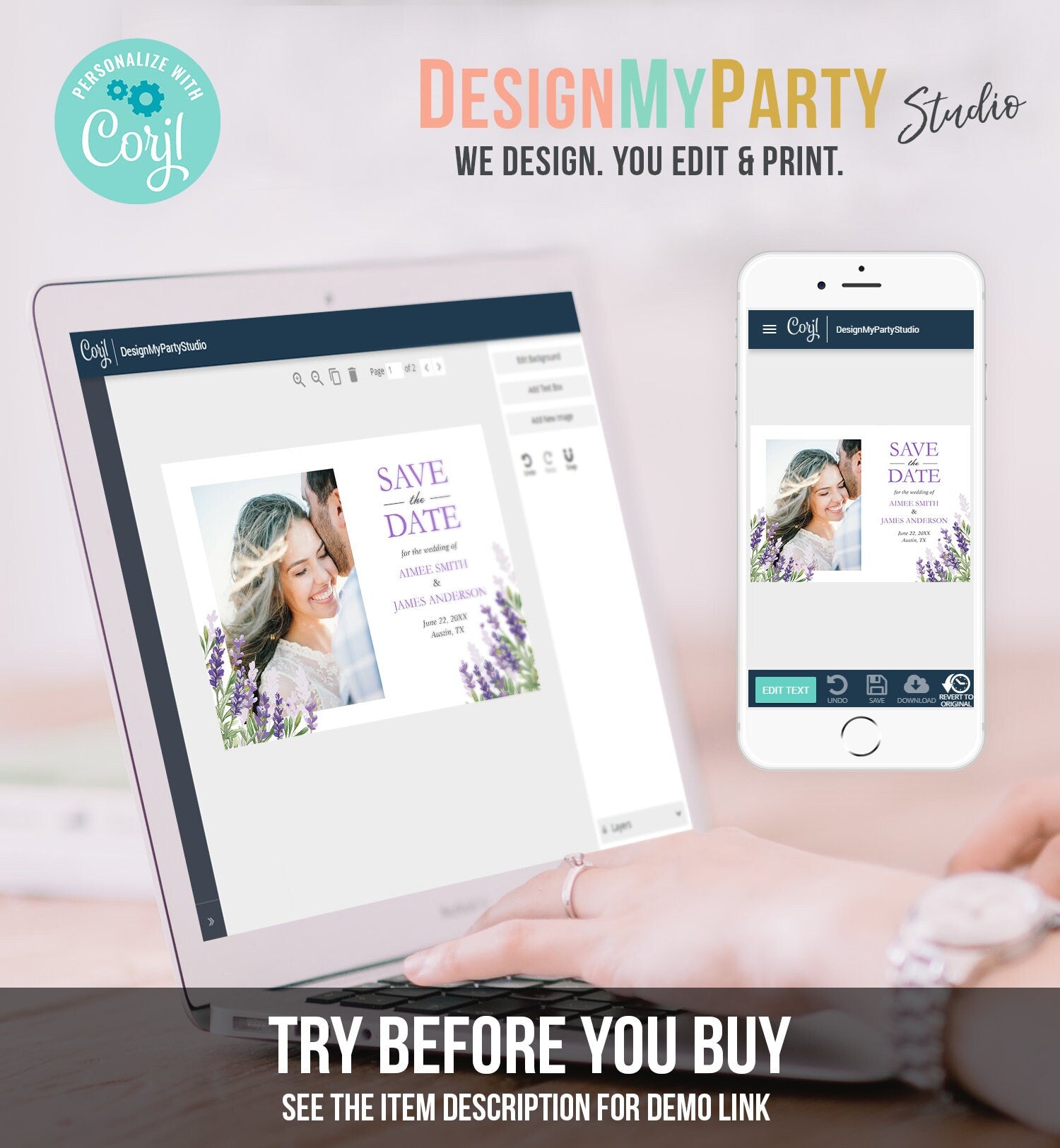 Editable Lavender Save the Date Postcard Greenery Foliage Boho Wedding Lilac Blush Lavender Purple Digital Corjl Template Printable 0206