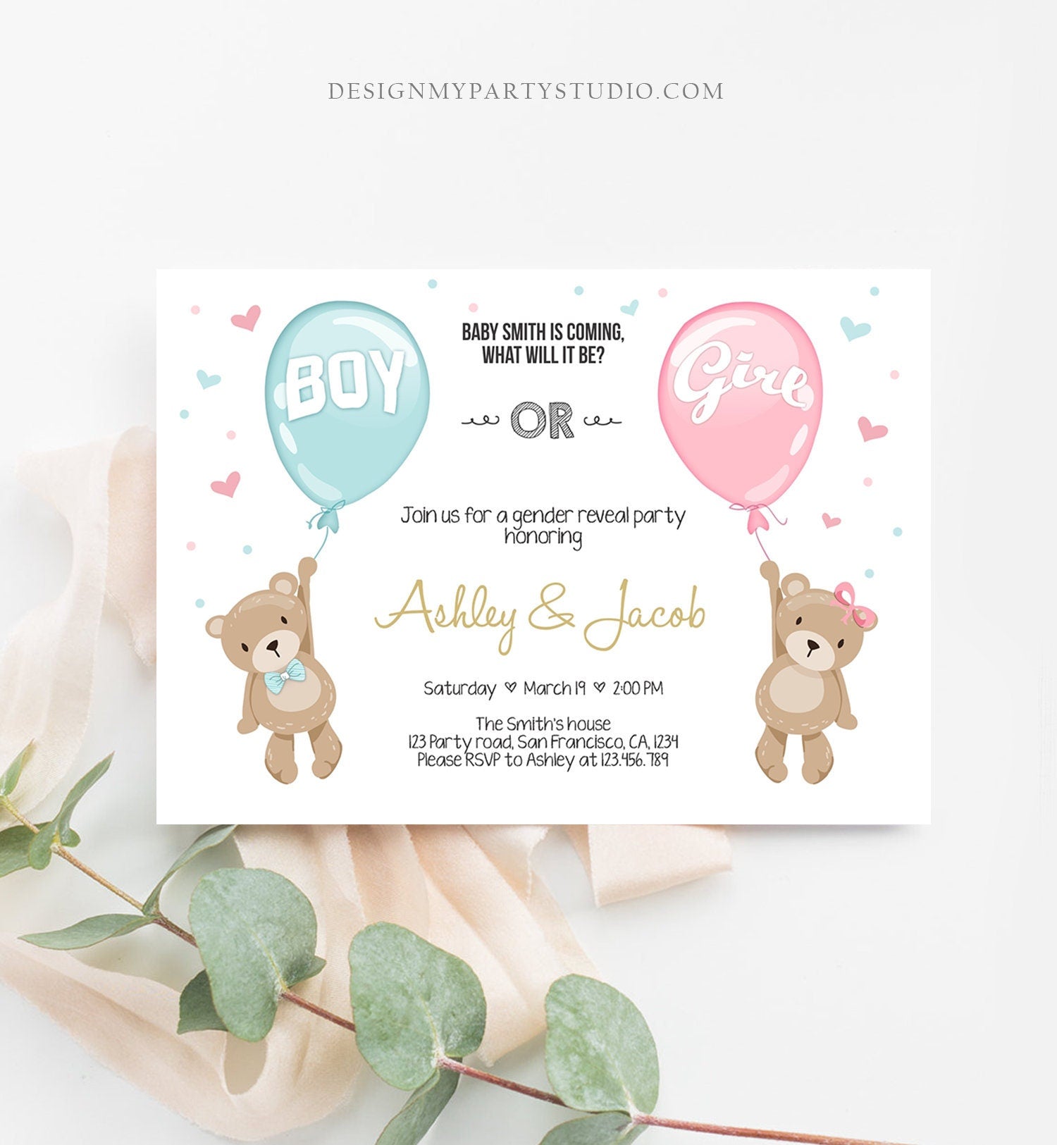 Editable Gender Reveal Invitation Teddy Bear Boy or Girl Blue or Pink He or She Bear Woodland Download Printable Template Corjl 0025