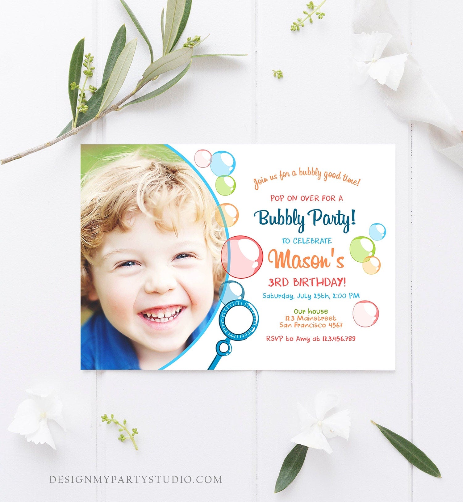 Editable Bubble Birthday Invitation Bubbles Birthday Party Invite Pop Boy Blue Green Summer Download Printable Template Corjl Digital 0035