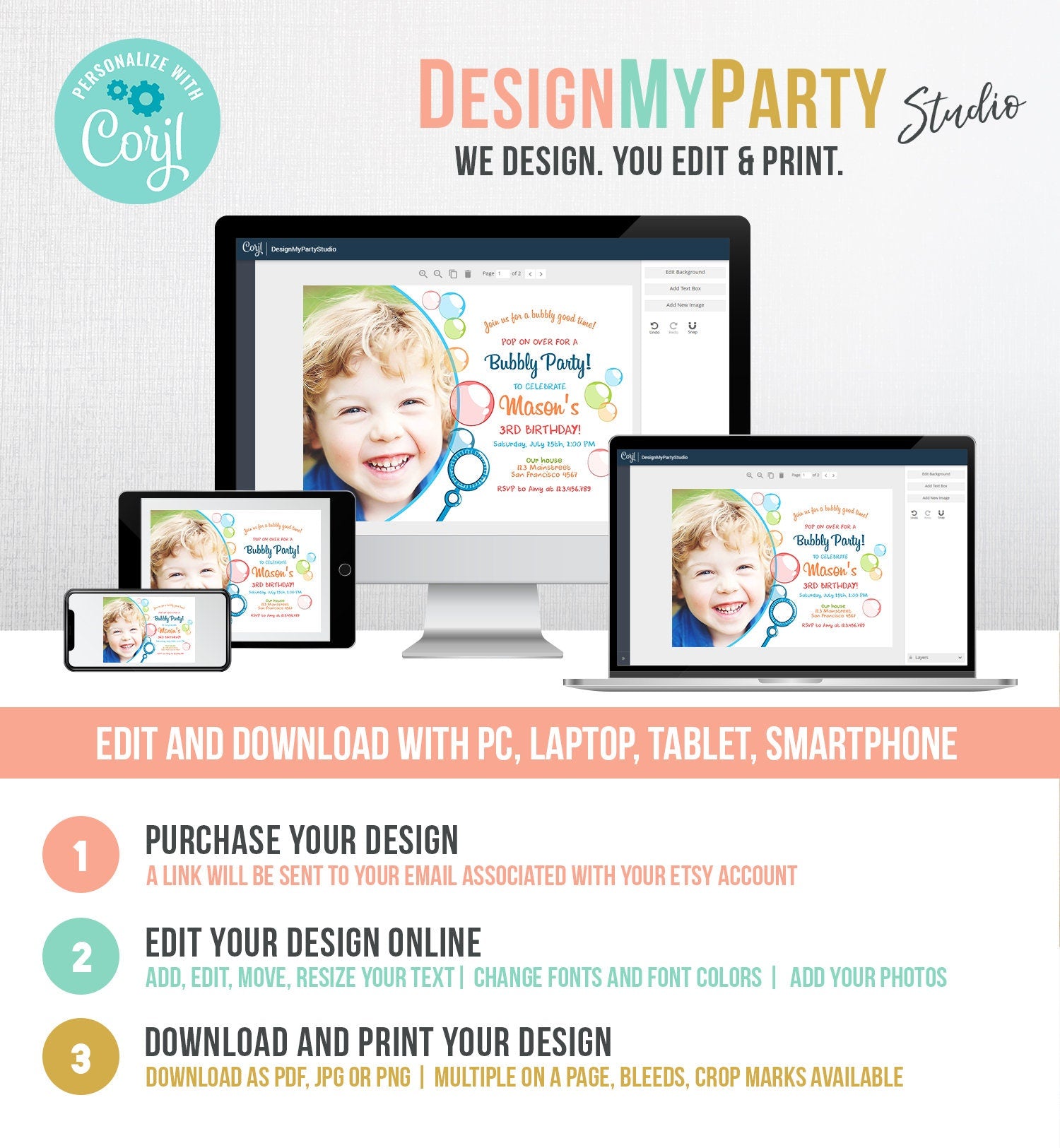 Editable Bubble Birthday Invitation Bubbles Birthday Party Invite Pop Boy Blue Green Summer Download Printable Template Corjl Digital 0035