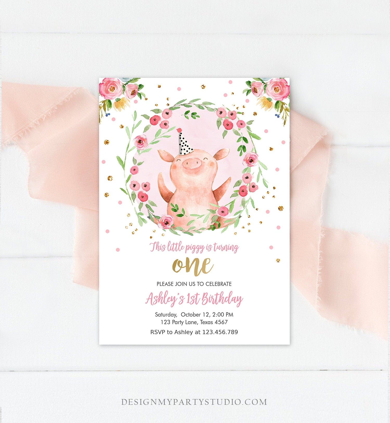 Editable Pig Birthday Invitation Girl Farm Animals Pink Floral Barnyard Party Download Printable Invitation Template Corjl Digital 0188