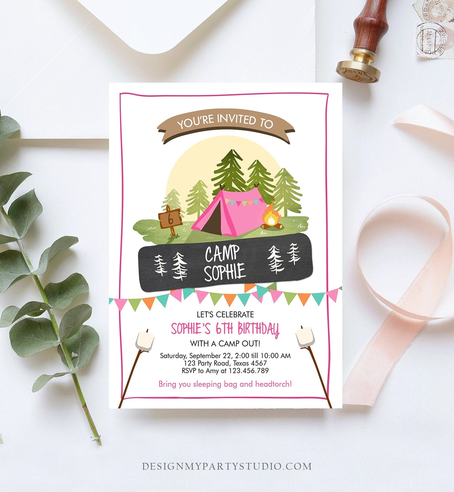 Editable Glamping Party Invitation Camp Out Birthday Invite Bonfire Outdoor Camping Tent Girl Pink Download Printable Template Corjl 0302