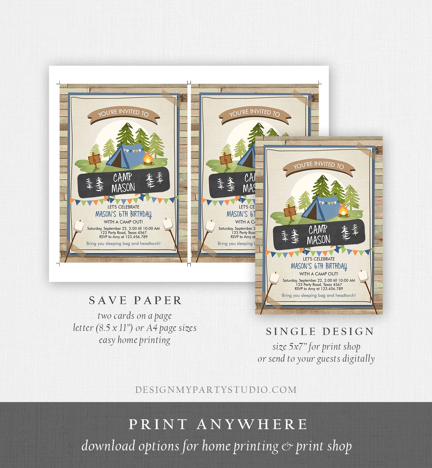 Editable Glamping Party Invitation Camp Out Birthday Invite Bonfire Outdoor Camping Tent Boy Blue Digital Download Template Printable 0302