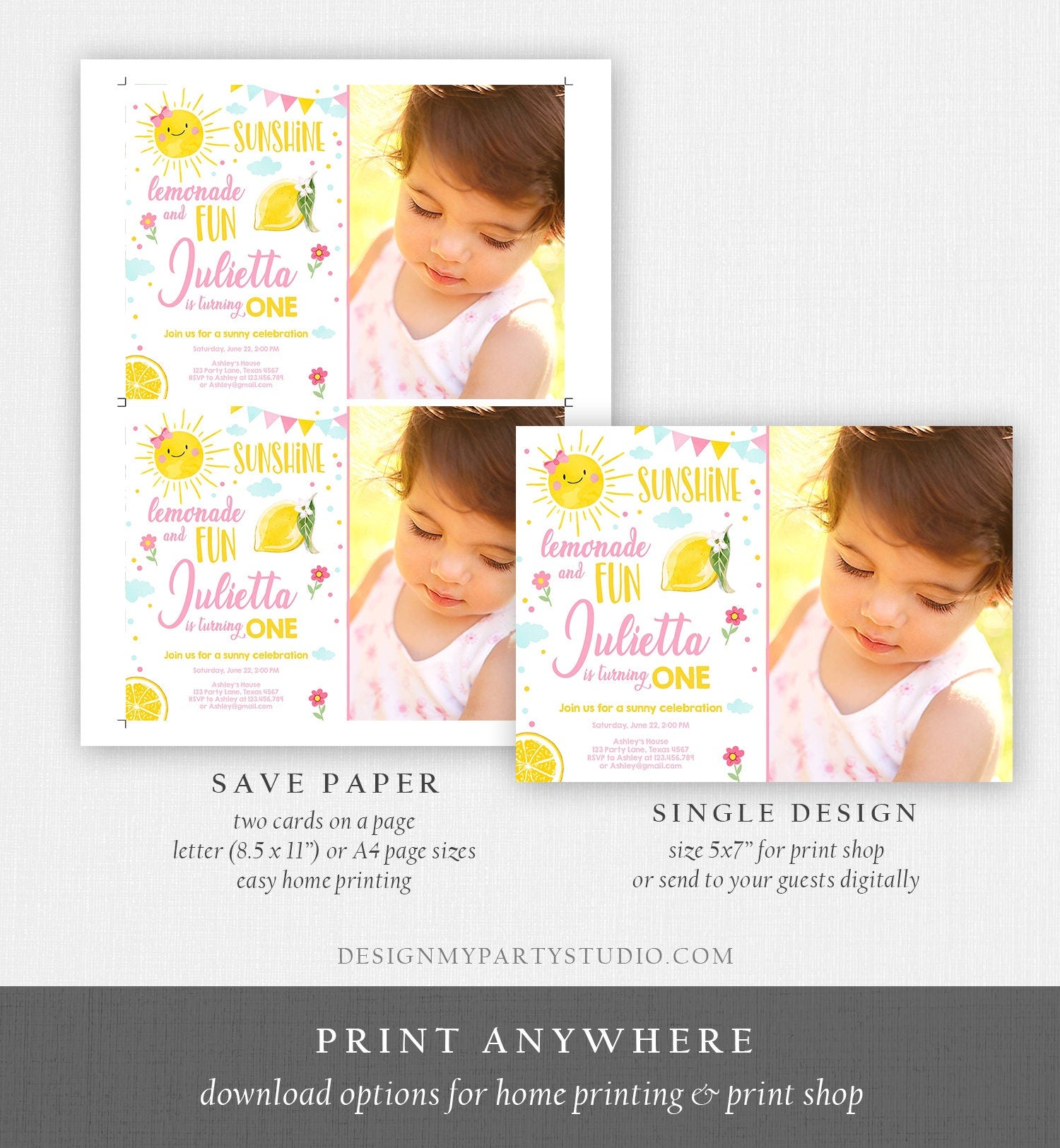 Editable Sunshine Lemonade Birthday Invitation Pink Girl Sunshine Party Lemonade 1st Birthday Digital Download Evite Template Printable 0141