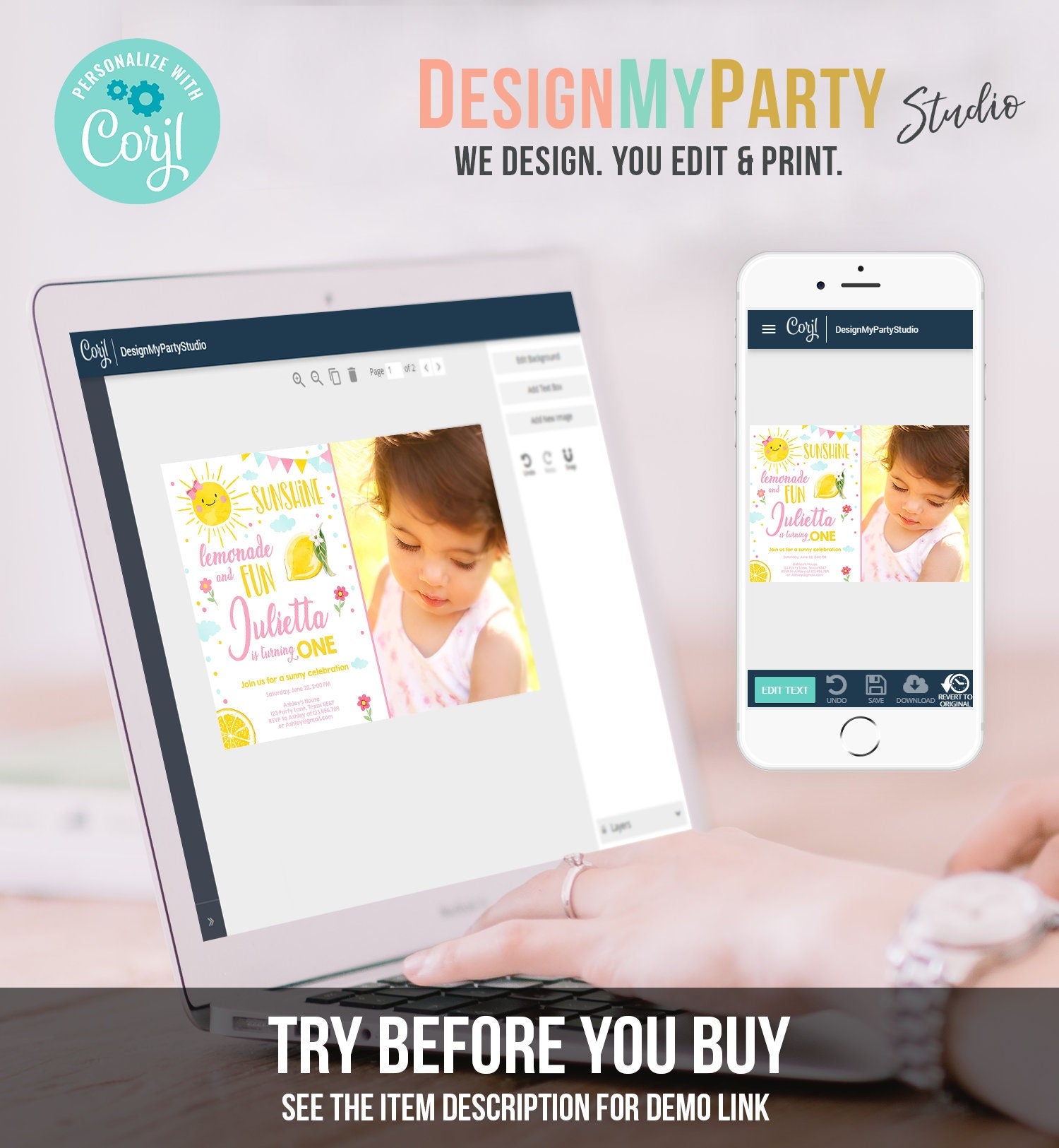 Editable Sunshine Lemonade Birthday Invitation Pink Girl Sunshine Party Lemonade 1st Birthday Digital Download Evite Template Printable 0141