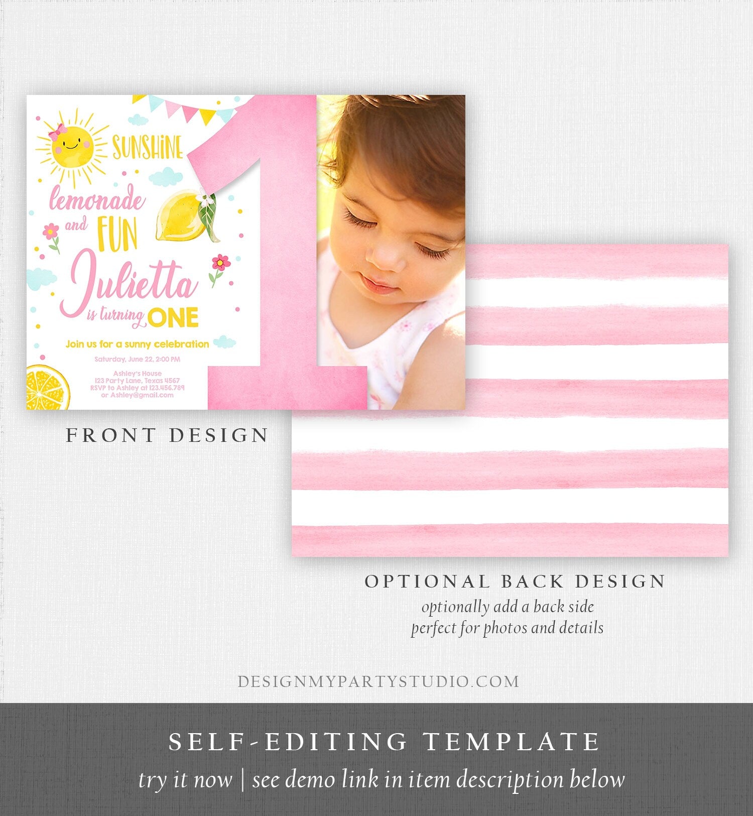 Editable Sunshine Lemonade Birthday Invitation Pink Girl Sunshine Party Lemonade 1st Digital Download Evite Template Printable 0141