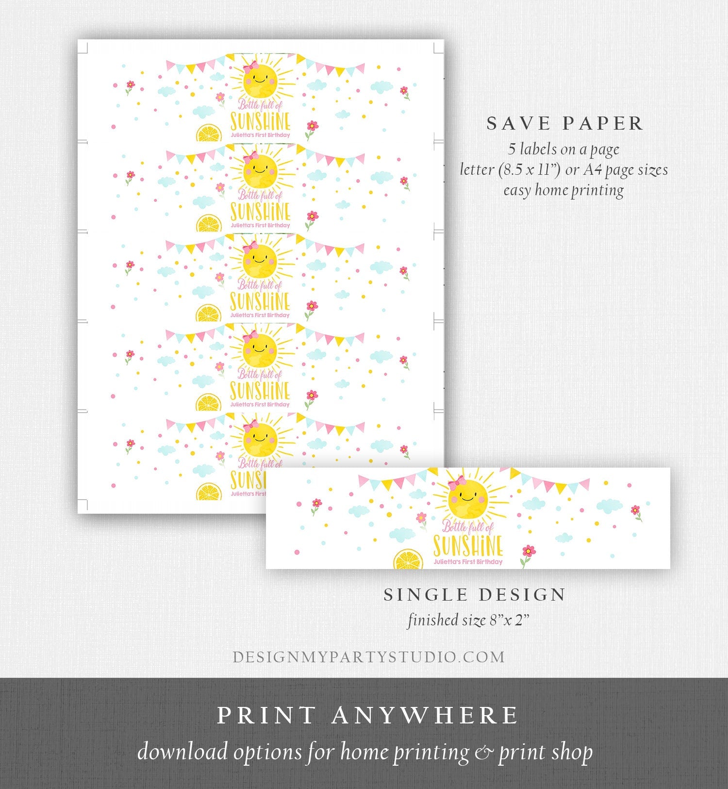Editable Sunshine Water Bottle Label Girl Birthday My Little Sunshine Birthday Pink Lemonade and Fun Digital Template Printable 0141
