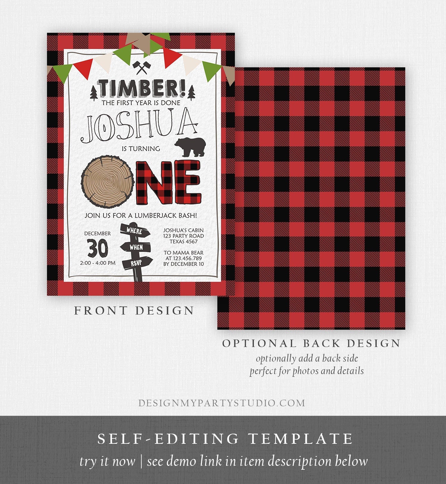 Editable Lumberjack First Birthday Invitation One Lumberjack 1st Birthday Buffalo Plaid Outdoor Bear Boy Printable Corjl Template 0377