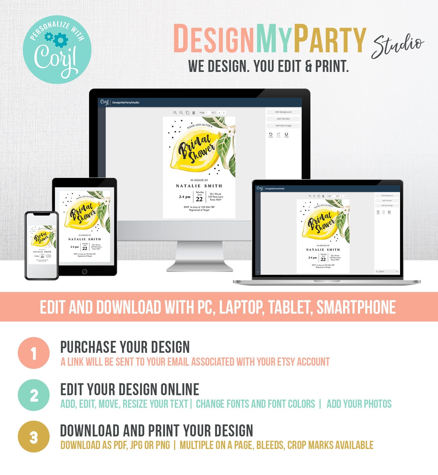 Editable Lemon Bridal Shower Invitation Bohemian Citrus Rustic Greenery Summer Wedding Lemonade Download Evite Template Printable 0307