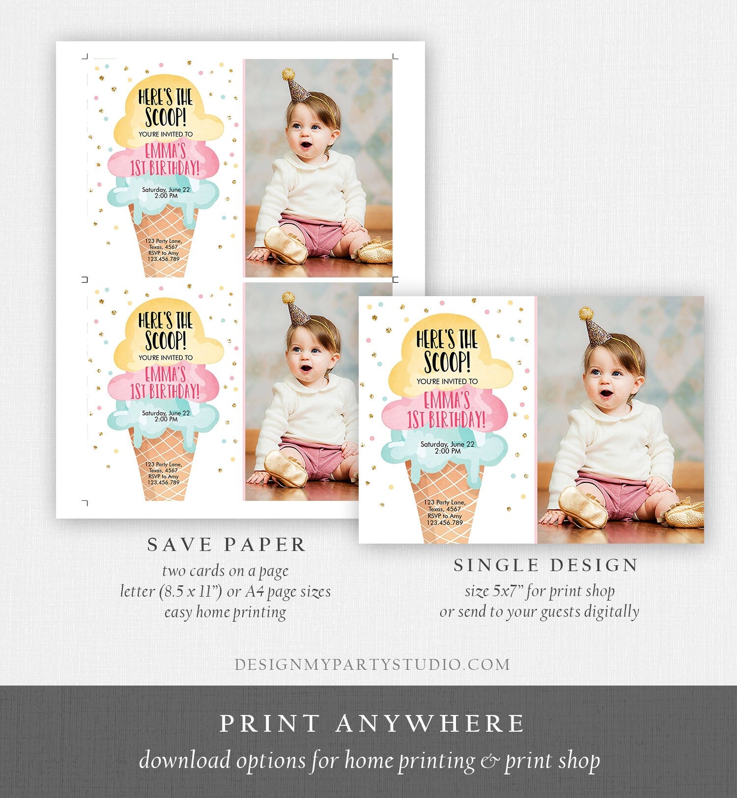 Editable Ice Cream Birthday Invitation First Birthday Party Here's the Scoop Cone Pink Mint Gold Download Printable Template Corjl 0243
