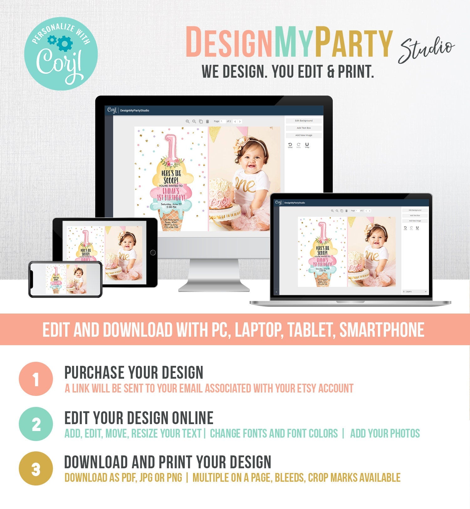 Editable Ice Cream Birthday Invitation First Birthday Party Here's the Scoop Cone Pink Mint Gold Download Printable Template Corjl 0243