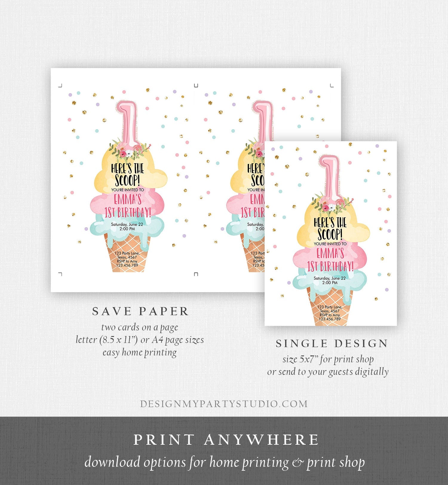 Editable Ice Cream Birthday Invitation First Birthday Party Here's the Scoop Cone Pink Mint Gold Download Printable Template Corjl 0243