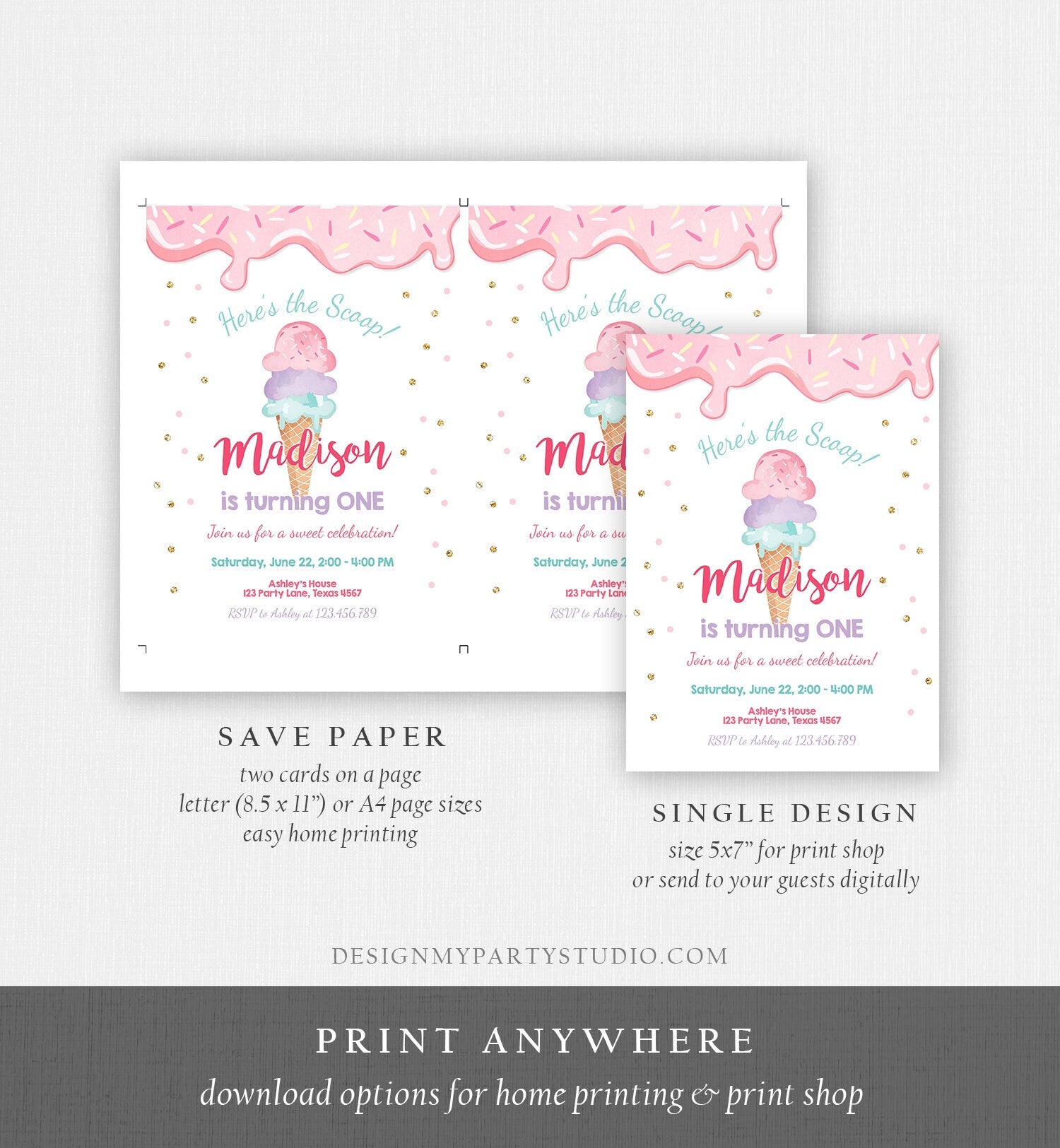 Editable Ice Cream Invitation Ice Cream Cone Birthday Invite Ice Cream Social Girl Birthday Pink Digital Download Template Printable 0243