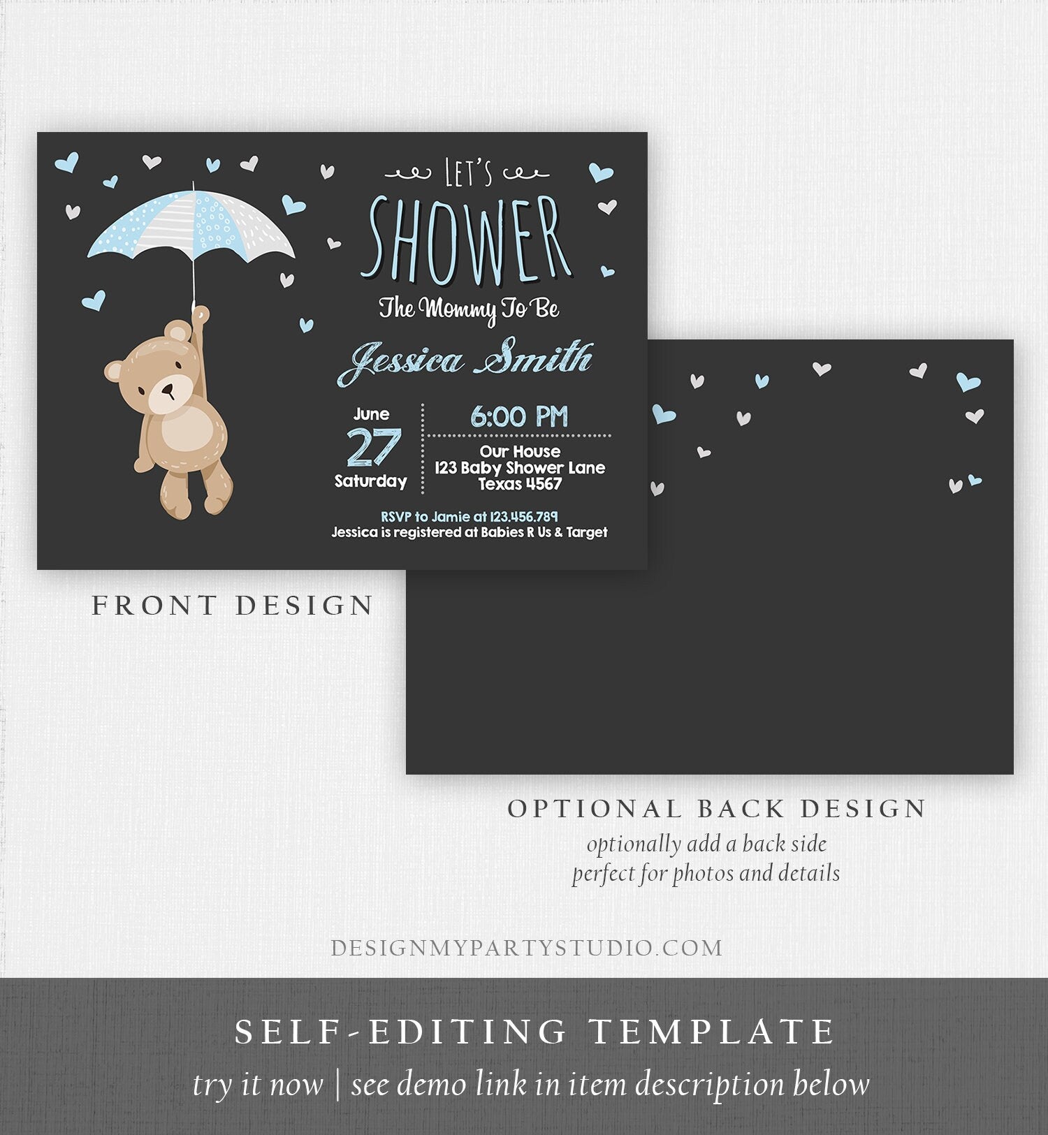 Editable Bear Baby Shower Invitation Teddy Bear Cute Baby Boy Blue Bear Little Cub Woodland Template Instant Download Digital Corjl 0025