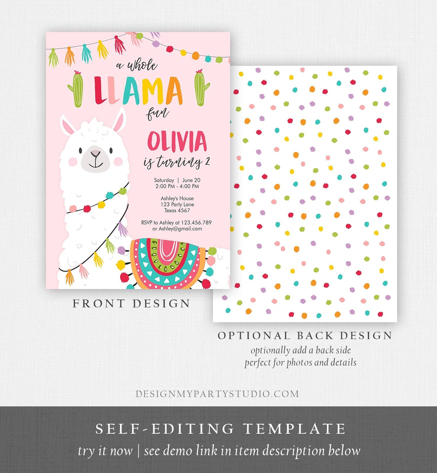 Editable Whole Llama Fun Birthday Invitation Fiesta Mexican Cactus Pink Girl Teal Alpaca Digital Download Evite Template Printable 0079