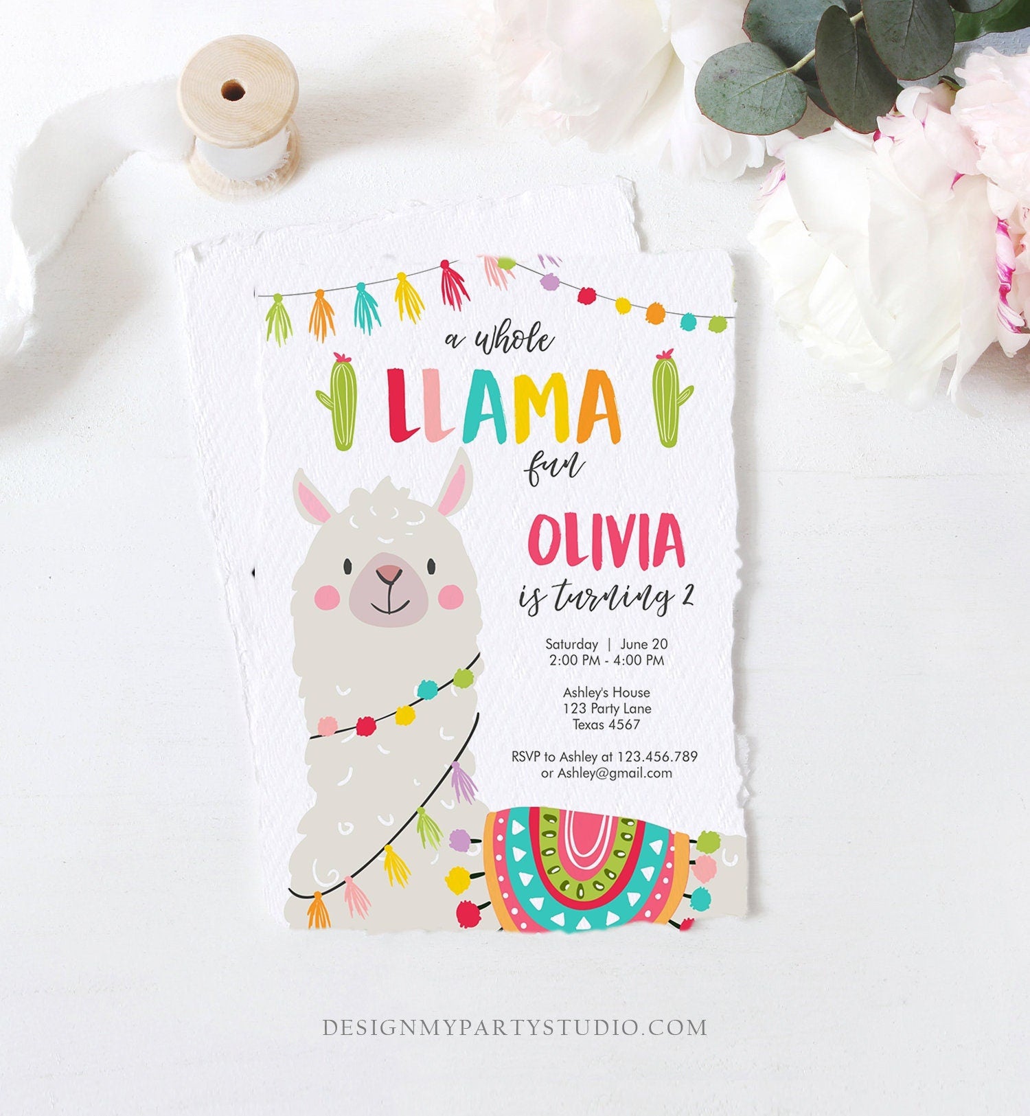 Editable Whole Llama Fun Birthday Invitation Fiesta Mexican Cactus White Boy Girl Alpaca Digital Download Evite Template Printable 0079