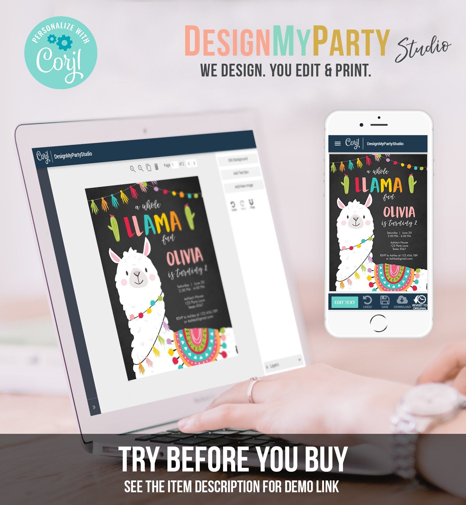 Editable Whole Llama Fun Birthday Invitation Fiesta Mexican Cactus Chalk Boy Girl Alpaca Instant Download Corjl Template Printable 0079