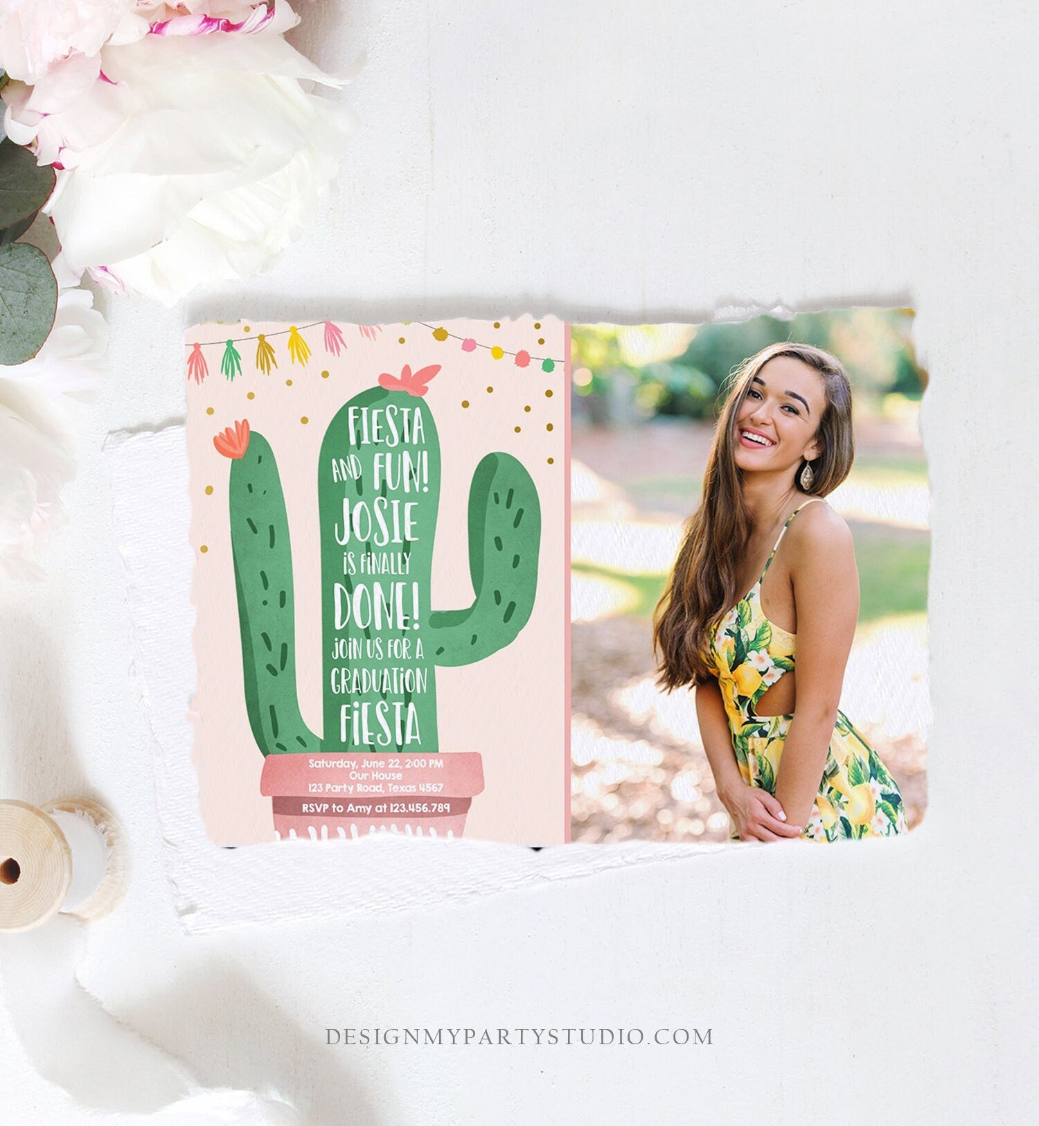 Editable Graduation Fiesta and Fun Party Invitation Finally Done Let's Fiesta Cactus College High School Grad Corjl Template Printable 0255