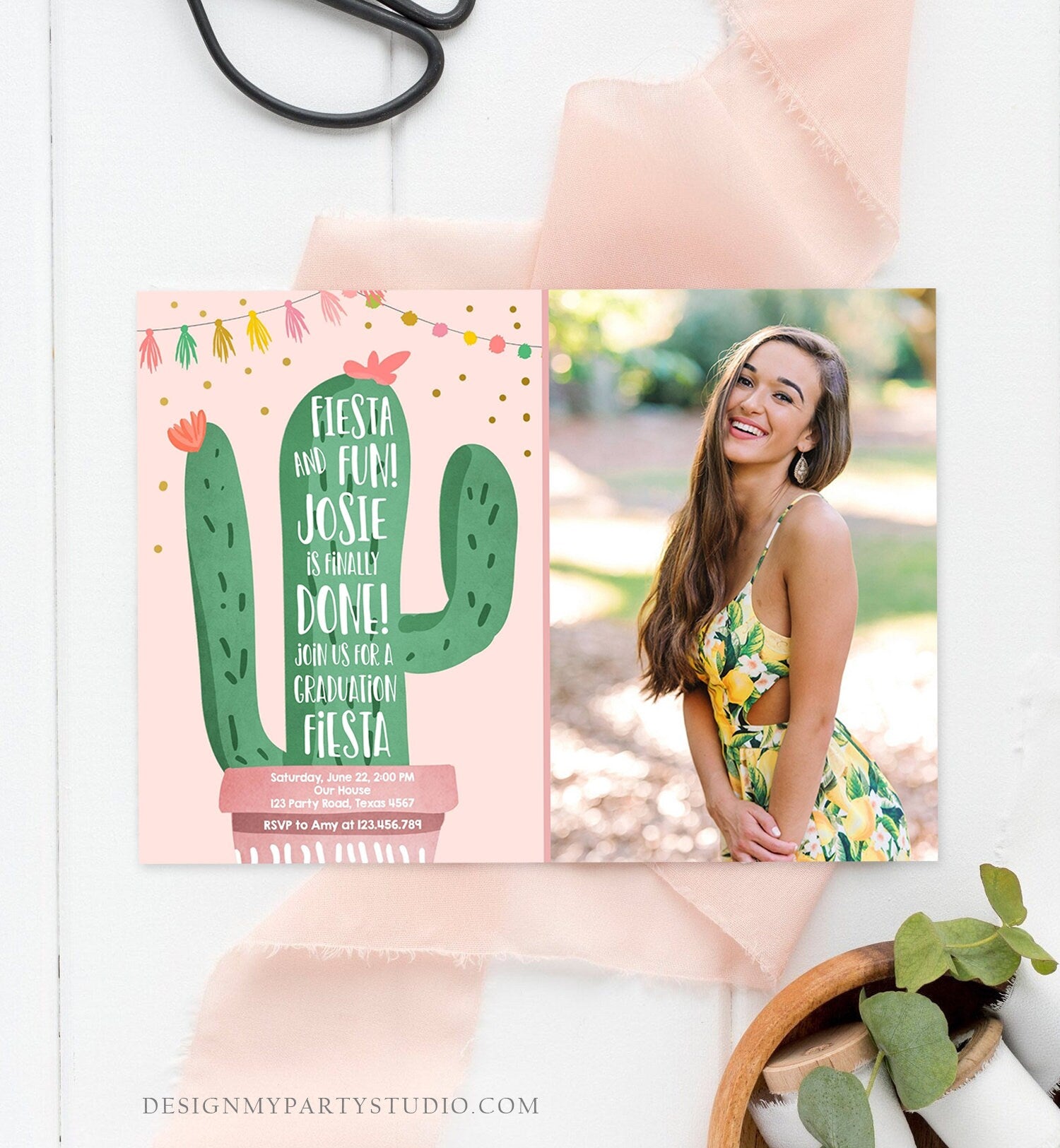 Editable Graduation Fiesta and Fun Party Invitation Finally Done Let's Fiesta Cactus College High School Grad Corjl Template Printable 0255