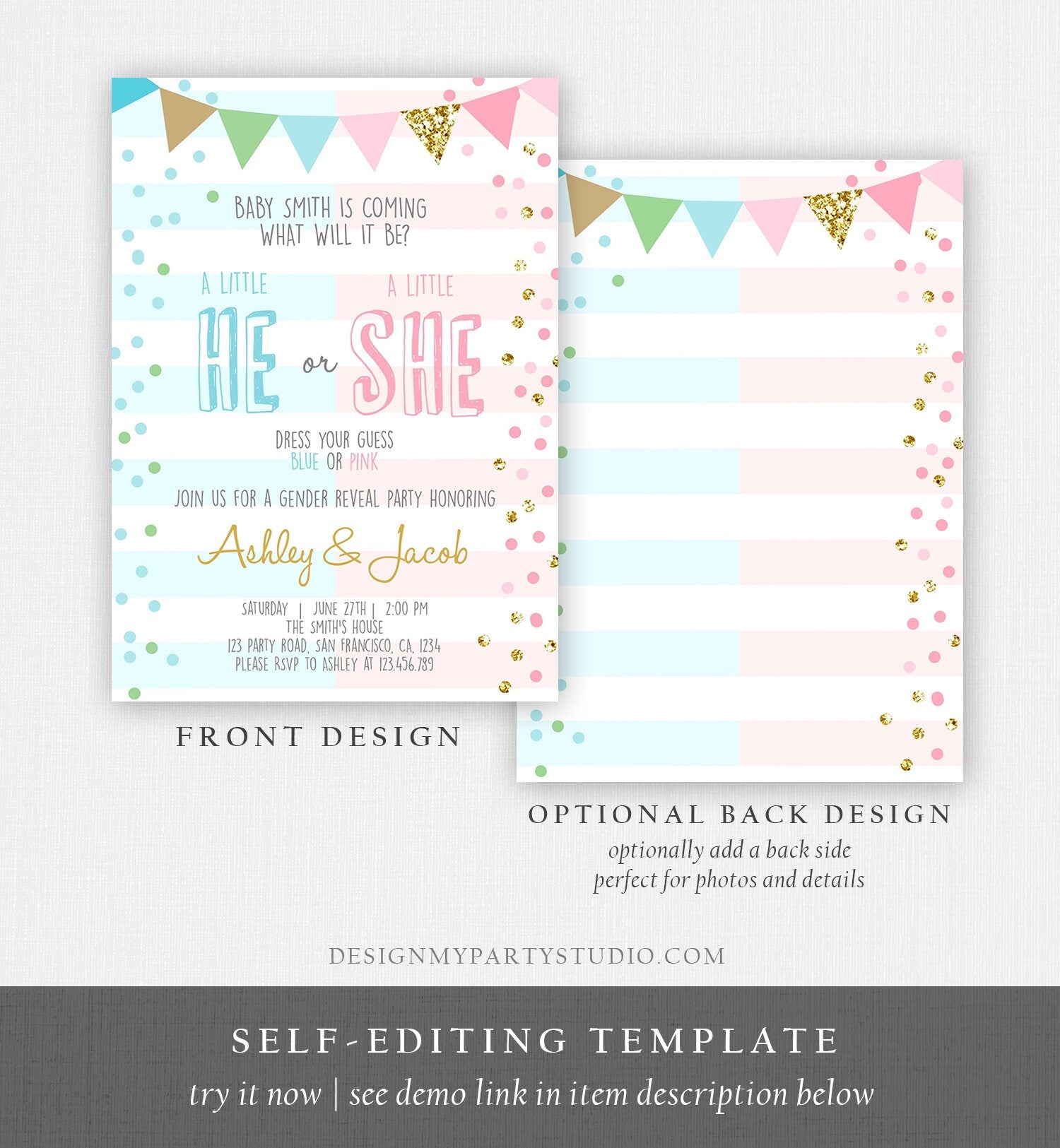 Editable Gender Reveal Invitation Confetti Blue or Pink Gold Boy or Girl He or She Rustic Instant Download Printable Template Corjl 0228