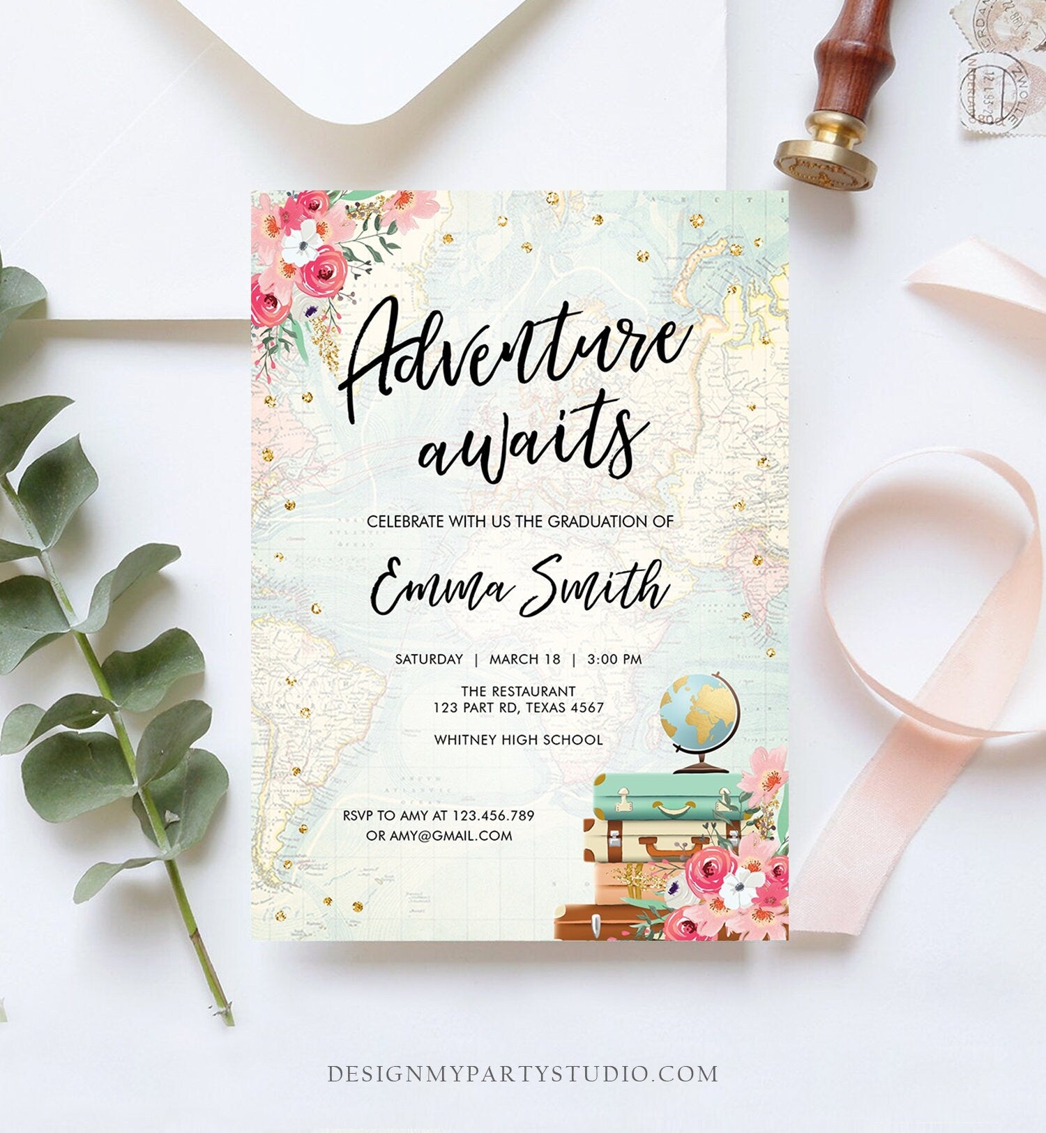 Editable Adventure Awaits Graduation Party Invitation Vintage Travel Around the World Pink Gold High School Grad College Evite Template 0030