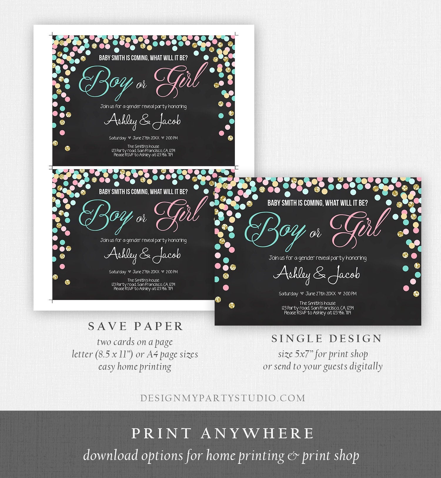 Editable Gender Reveal Invitation Confetti Blue or Pink Gold Boy or Girl He or She Rustic Instant Download Printable Template Corjl 0133