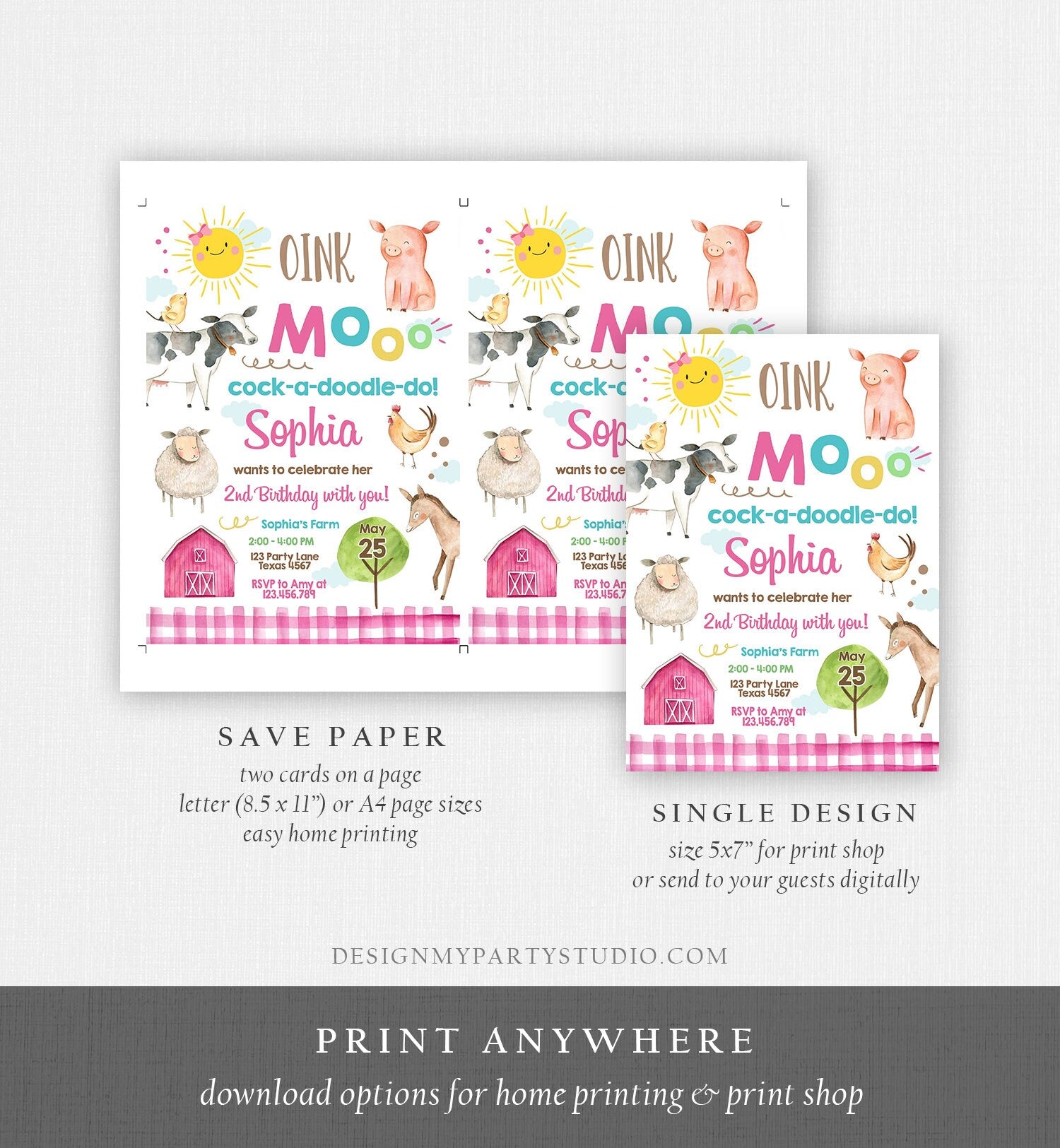 Editable Farm Birthday Invitation Girl Farm Animals Pink Barnyard Party Invite Download Printable Invitation Template Digital Corjl 0160