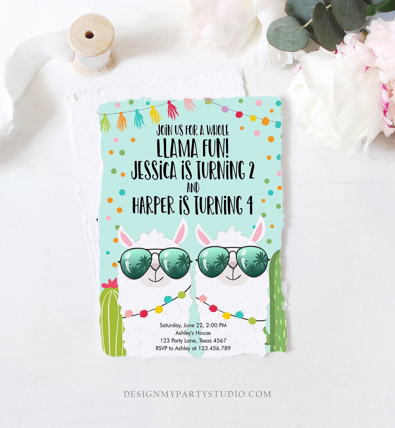 Editable Whole Llama Fun Birthday Invitation Joined Coed Twin Twins Llamas Fiesta Cactus Confetti Boy Blue Alpaca Template Corjl 0079