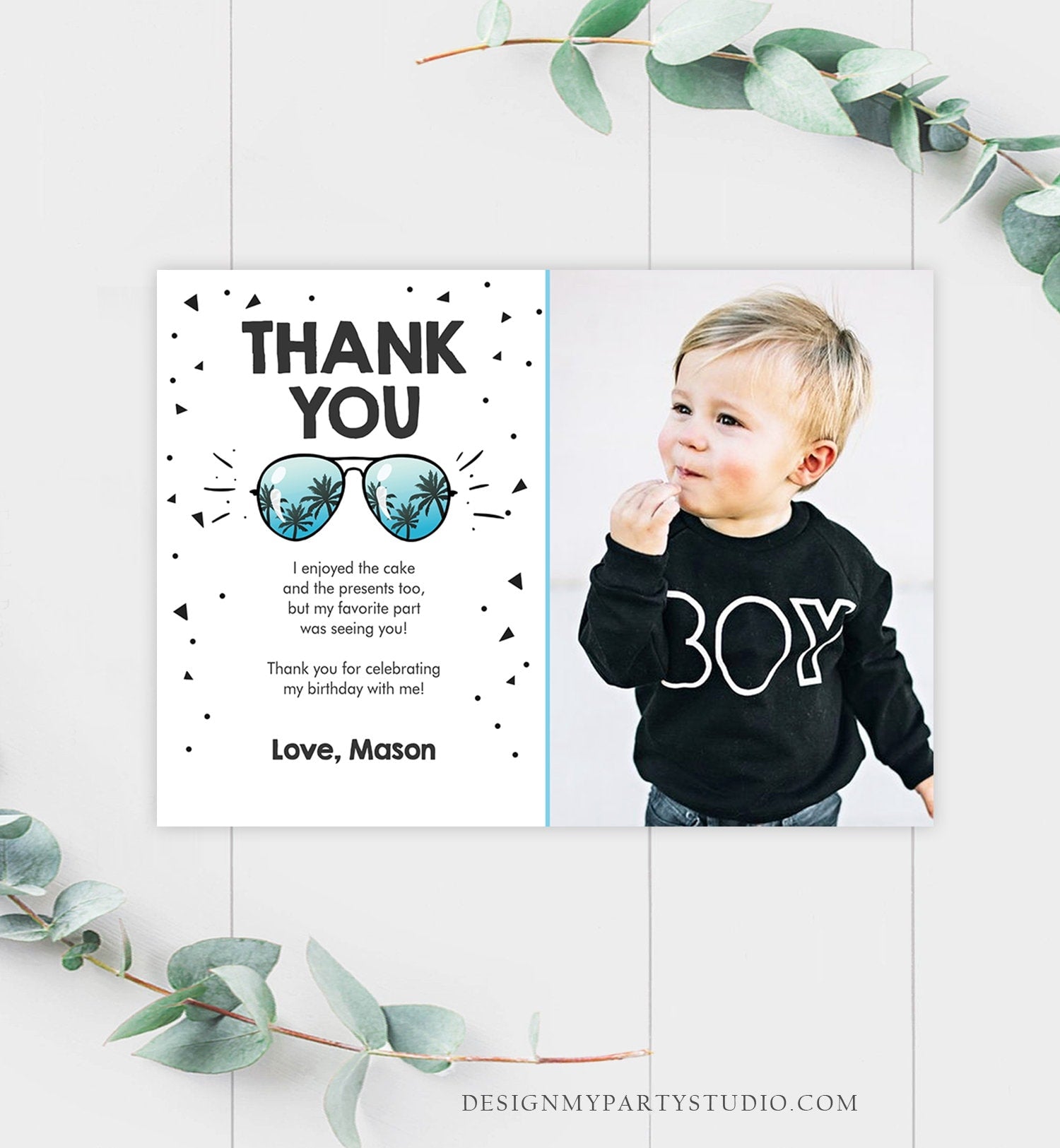 Editable Thank You Card Two Cool Birthday Boy Sunglasses Palm Second Birthday Party Note 2nd White Photo Corjl Template Printable 0136