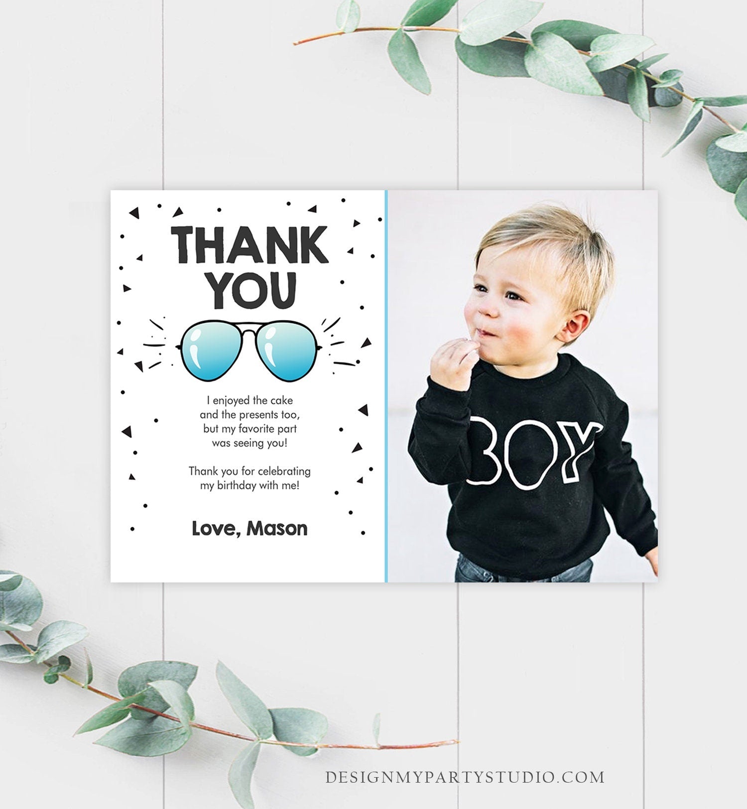 Editable Thank You Card Two Cool Birthday Boy Pilot Sunglasses Second Birthday Party Note 2nd White Photo Digital Template Printable 0136