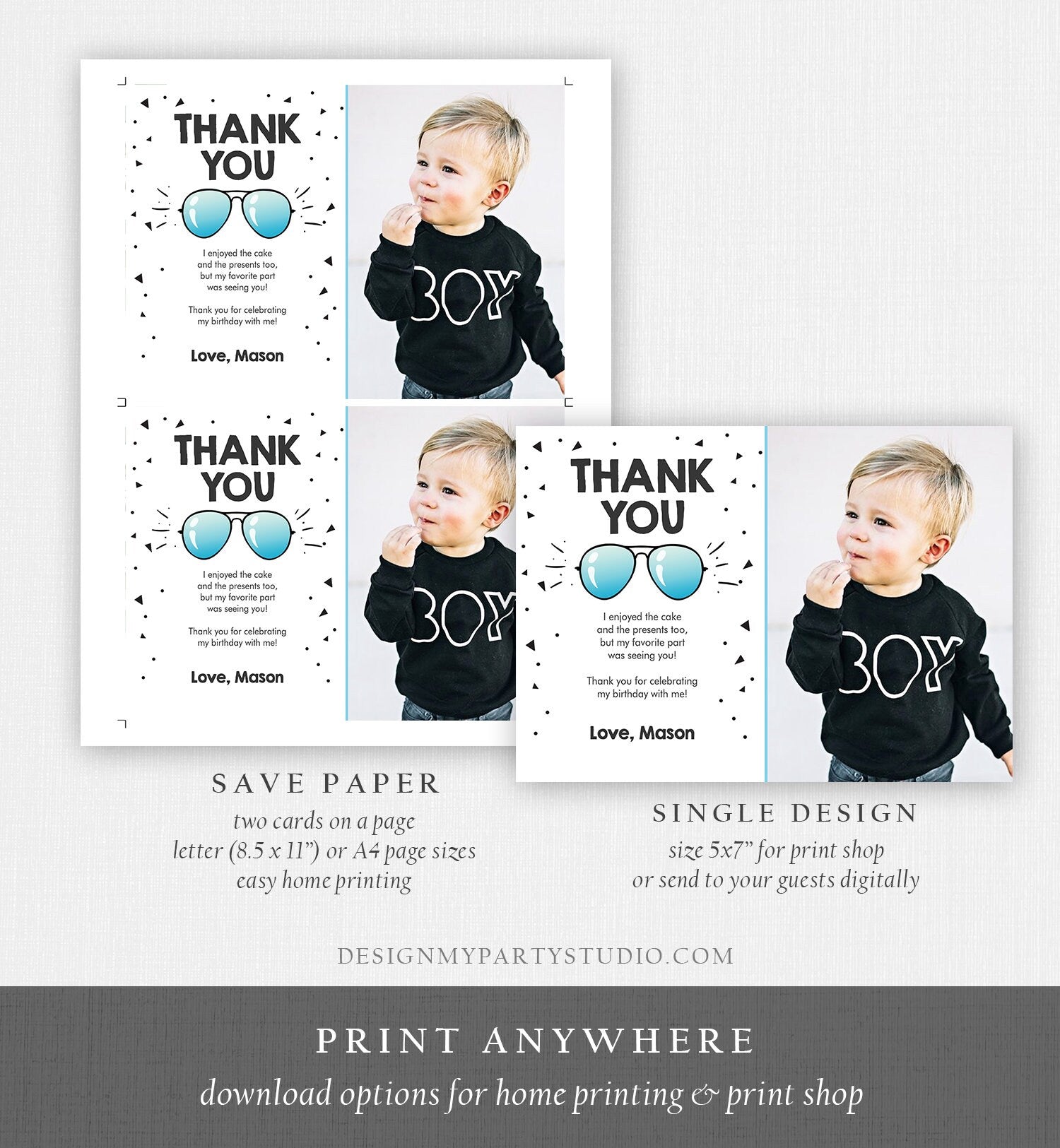 Editable Thank You Card Two Cool Birthday Boy Pilot Sunglasses Second Birthday Party Note 2nd White Photo Digital Template Printable 0136