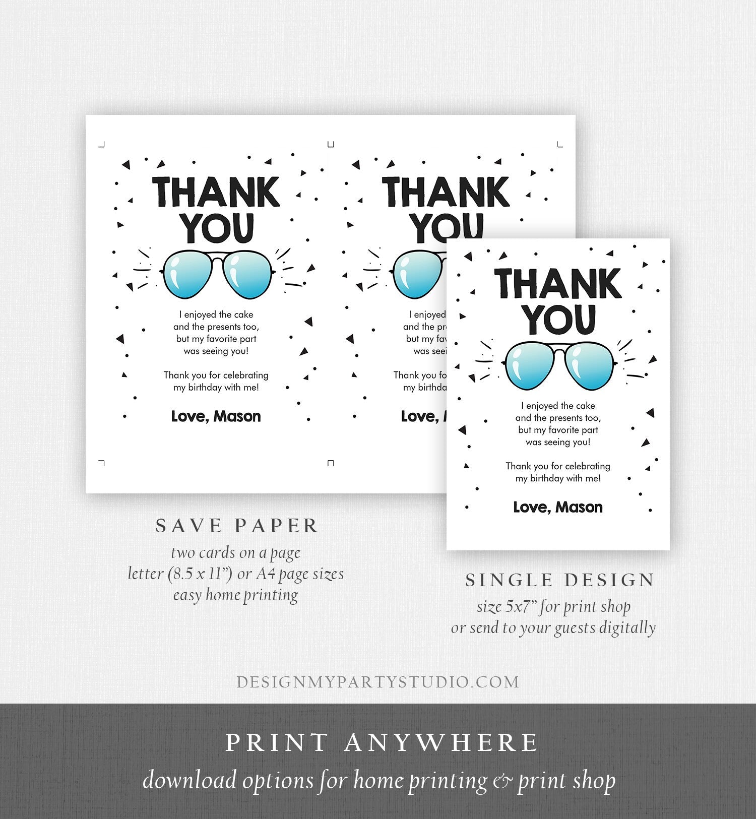 Editable Thank You Card Two Cool Birthday Boy Pilot Sunglasses Second Birthday Party Note 2nd White Photo Corjl Template Printable 0136